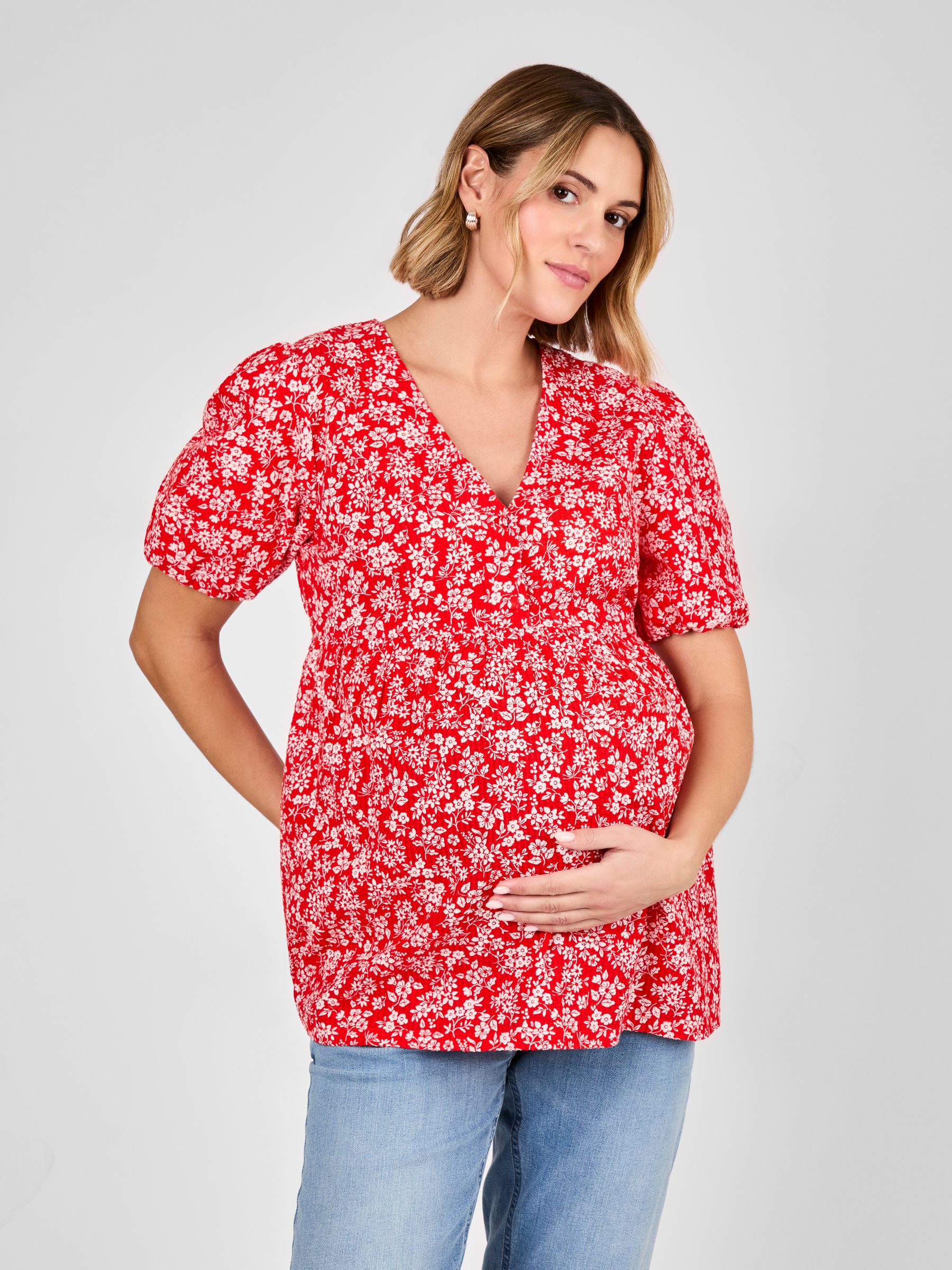 Red Maternity Short Sleeve Seersucker 100% Cotton Blouse - Image 2 of 4