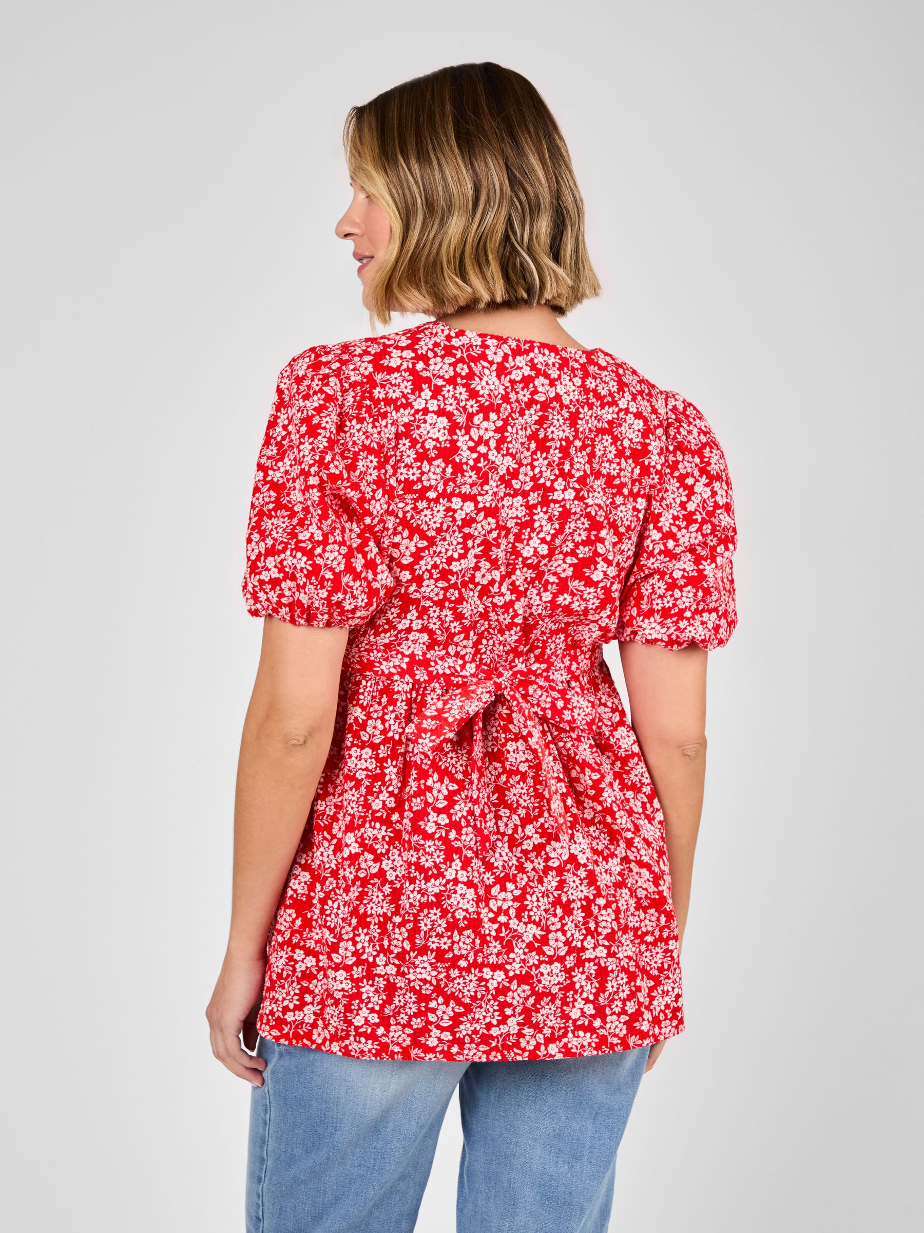 Red Maternity Short Sleeve Seersucker 100% Cotton Blouse - Image 3 of 4