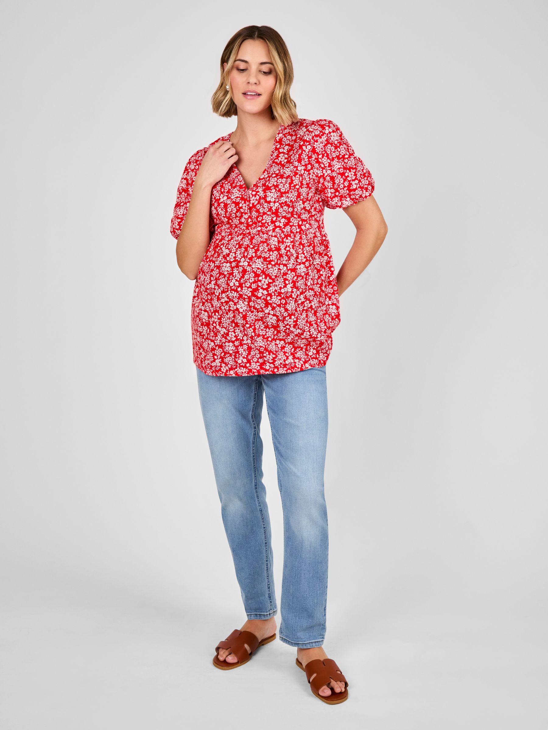 Red Maternity Short Sleeve Seersucker 100% Cotton Blouse - Image 4 of 4