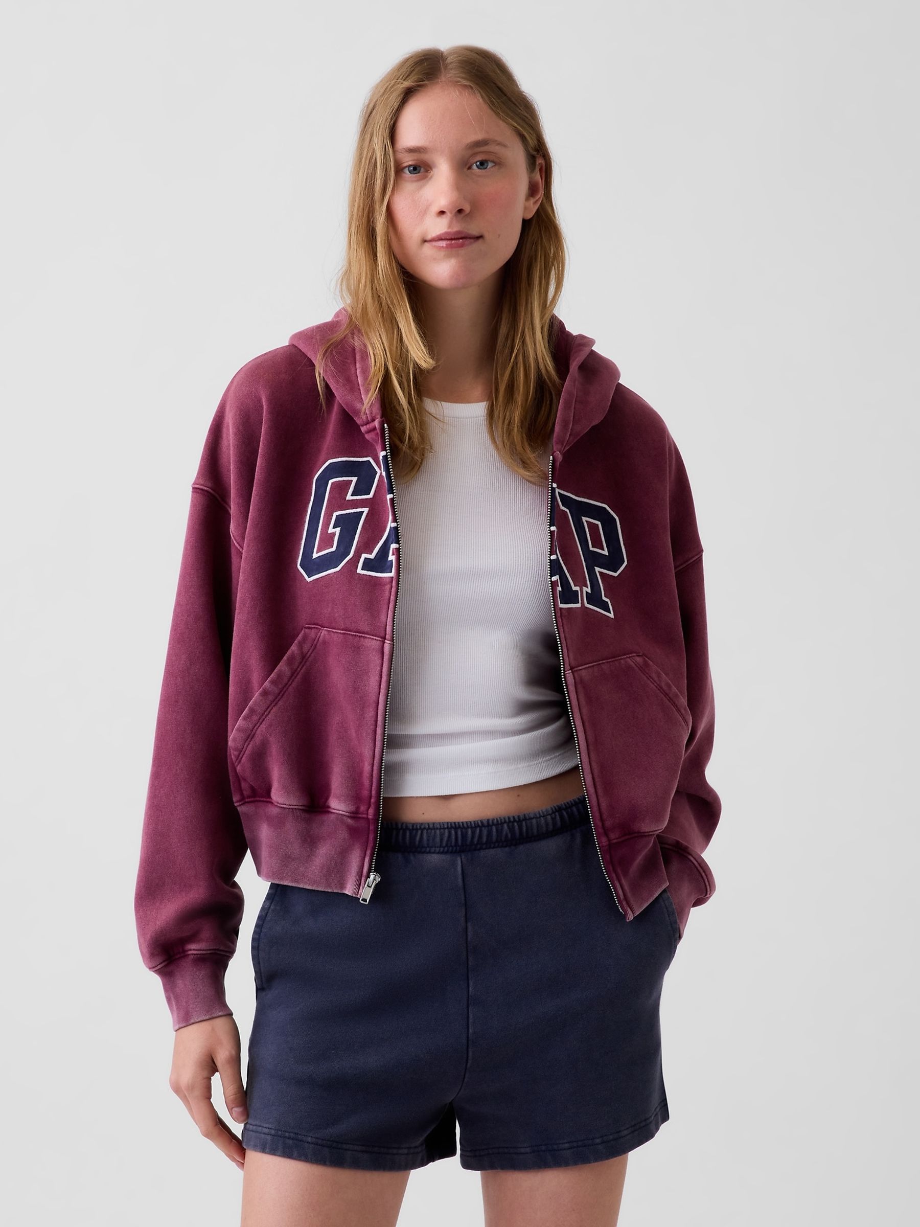 Burgundy Vintage Soft Oversized Logo Zip-Up Hoodie - Image 1 of 4