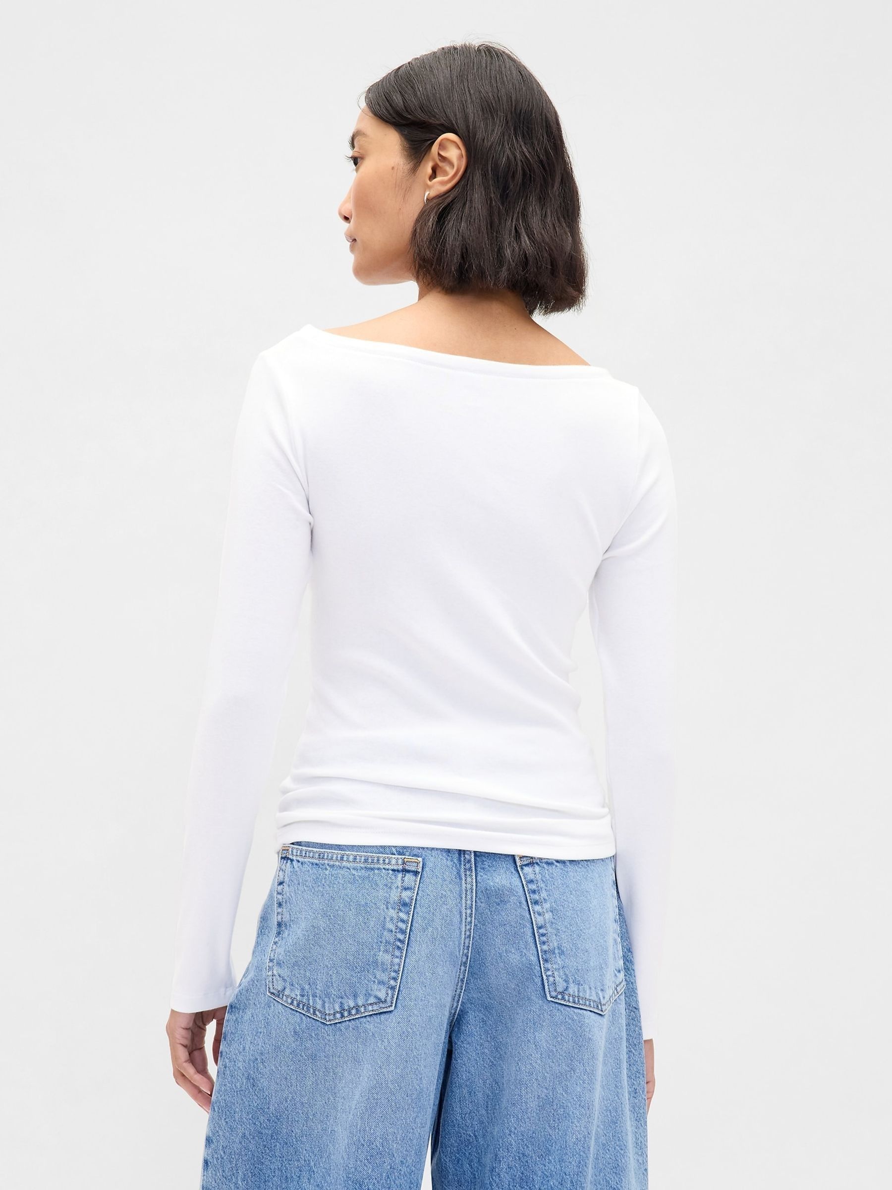 White Modern Boatneck Long Sleeve T-Shirt - Image 3 of 4