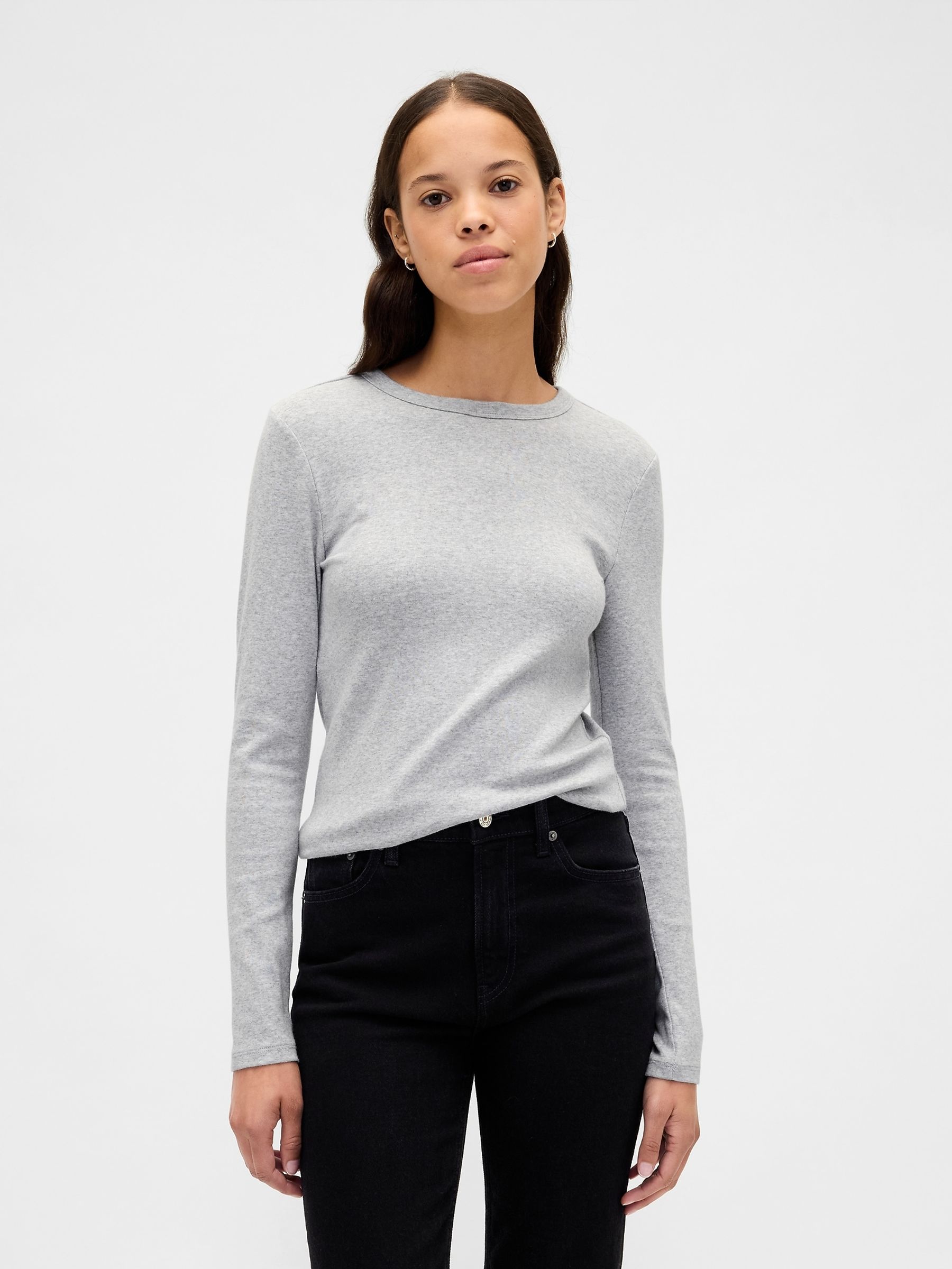 Grey Modern Crew Neck Long Sleeve T-Shirt - Image 1 of 4