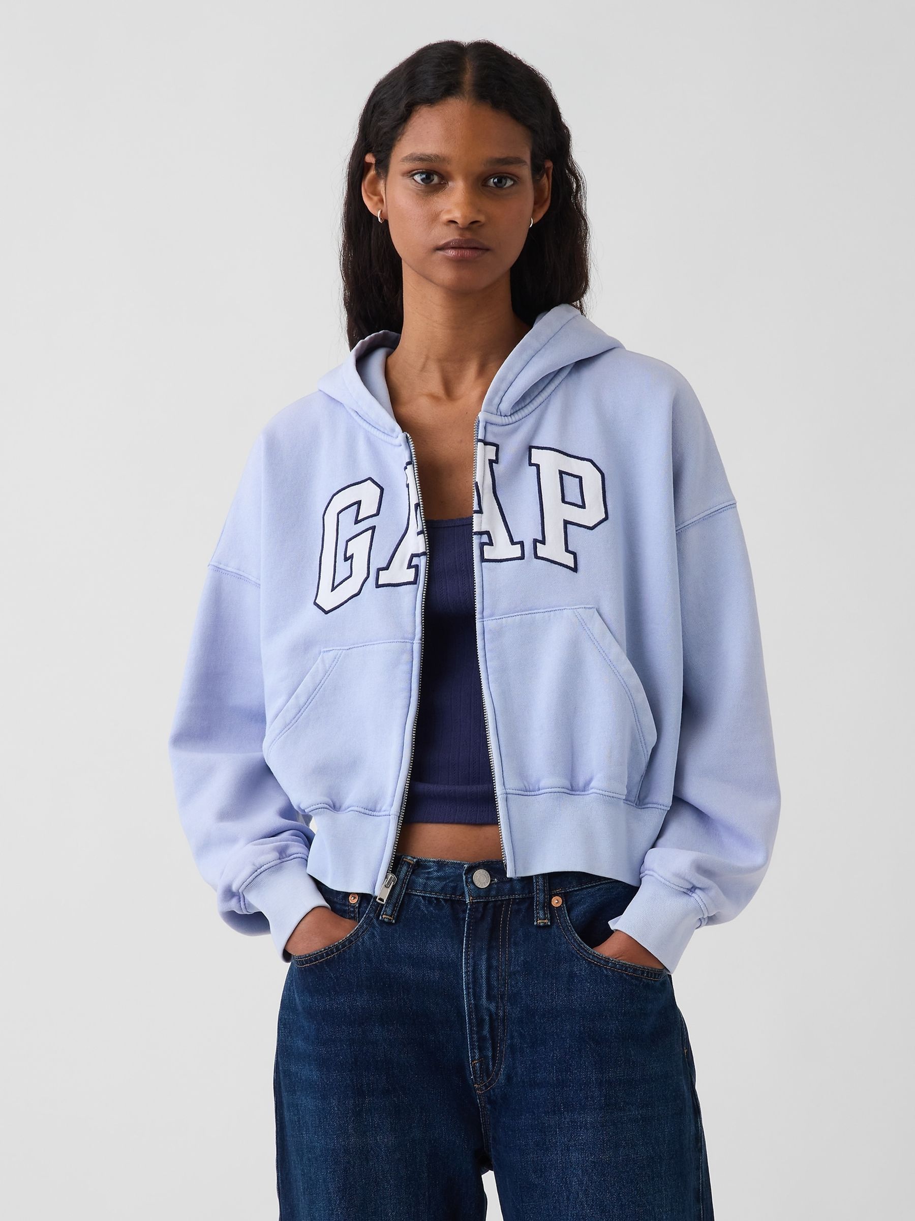 Light Blue Vintage Soft Oversized Logo Zip-Up Hoodie - Image 1 of 4