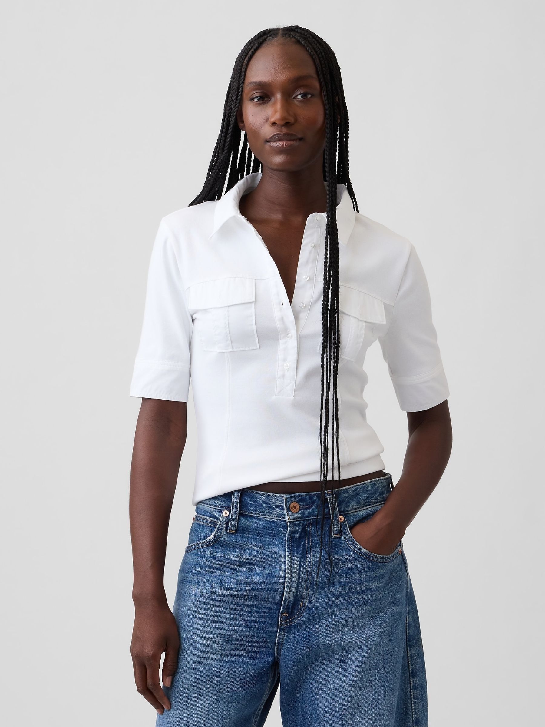 White Modern Elbow-Sleeve Utility T-Shirt - Image 1 of 4