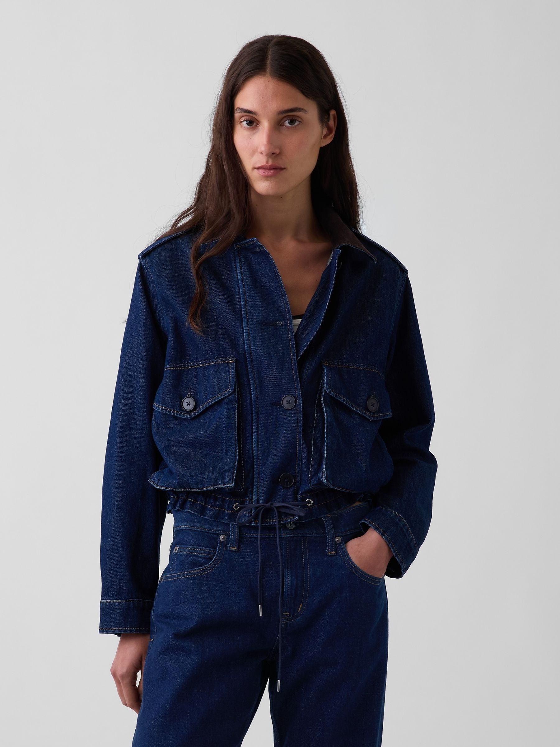 Dark Wash Corduroy-Collar Relaxed Denim Jacket - Image 1 of 4