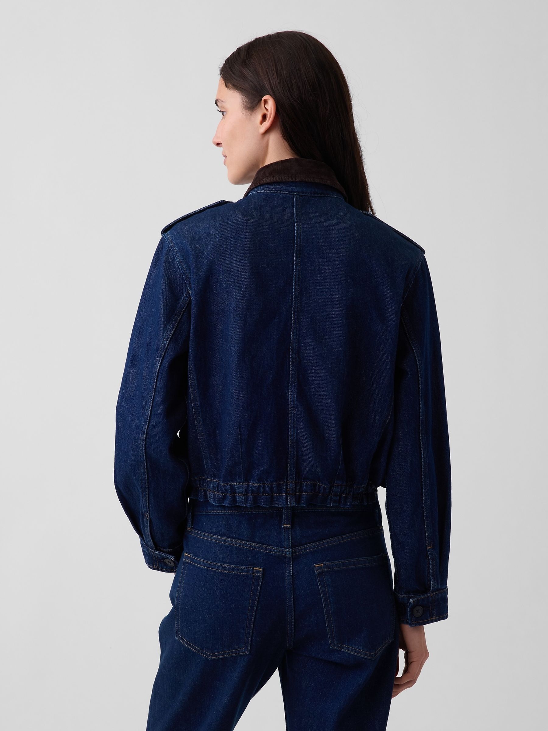 Dark Wash Corduroy-Collar Relaxed Denim Jacket - Image 2 of 4