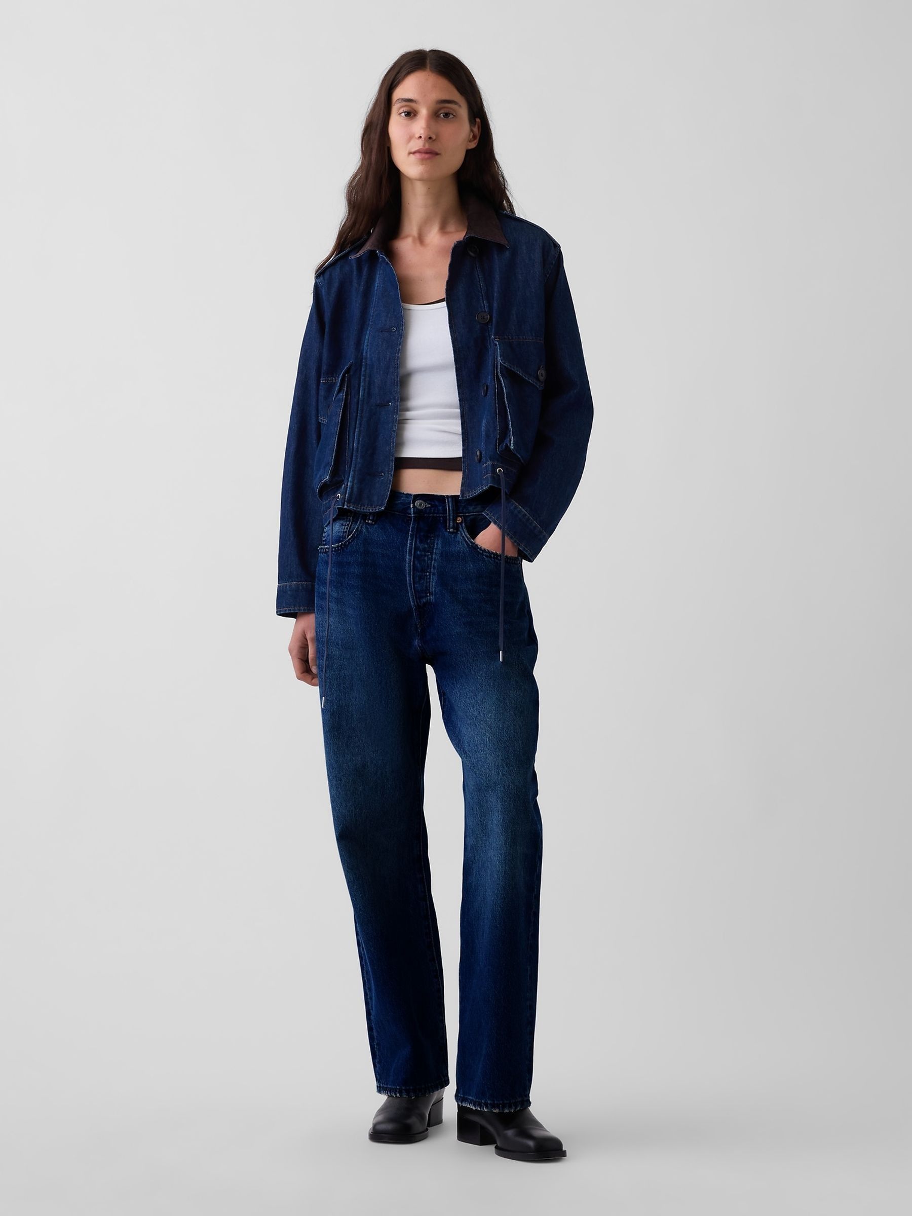 Dark Wash Corduroy-Collar Relaxed Denim Jacket - Image 3 of 4