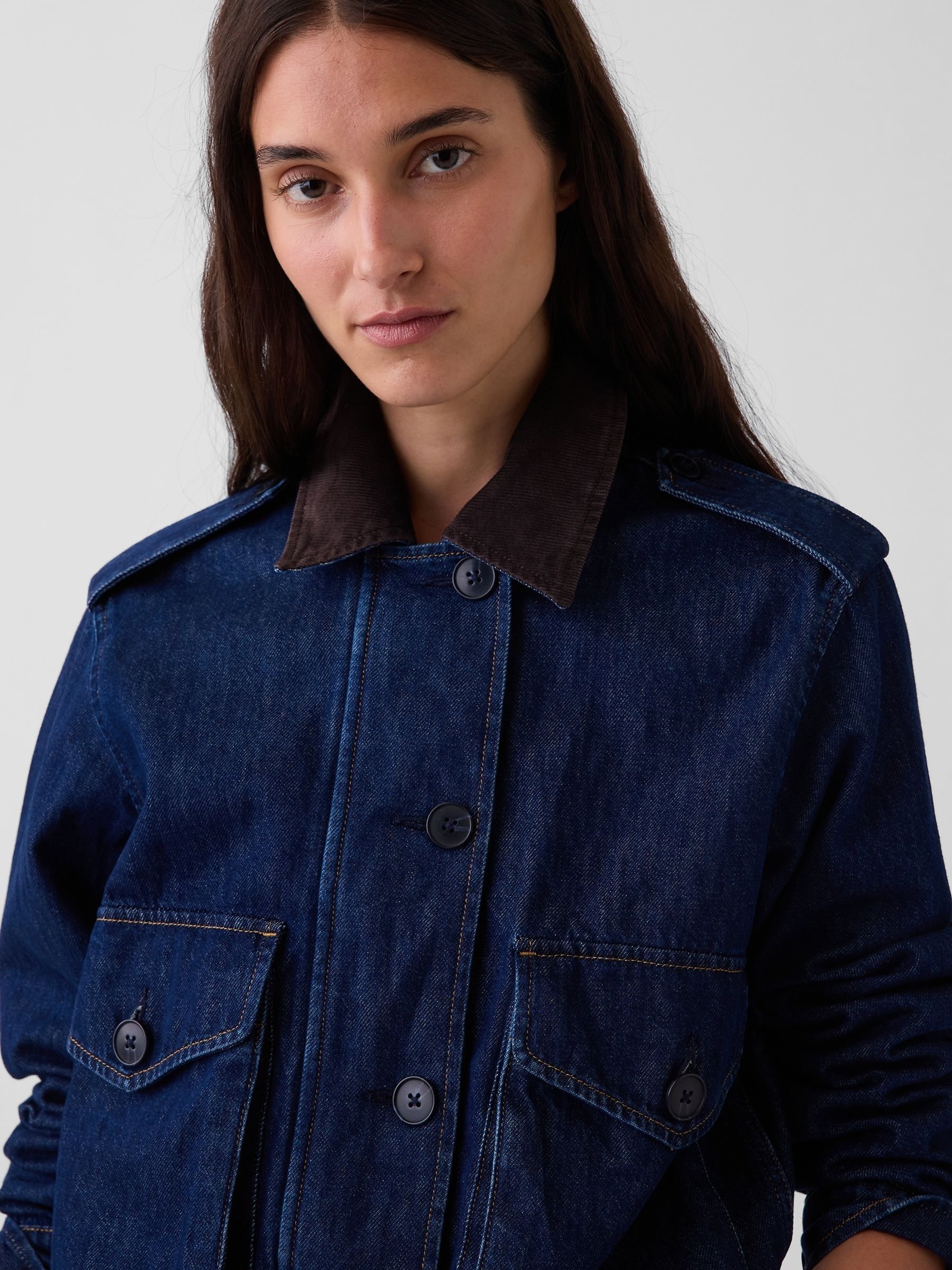 Dark Wash Corduroy-Collar Relaxed Denim Jacket - Image 4 of 4 Dark Wash Corduroy-Collar Relaxed Denim Jacket - Image 4 of 4