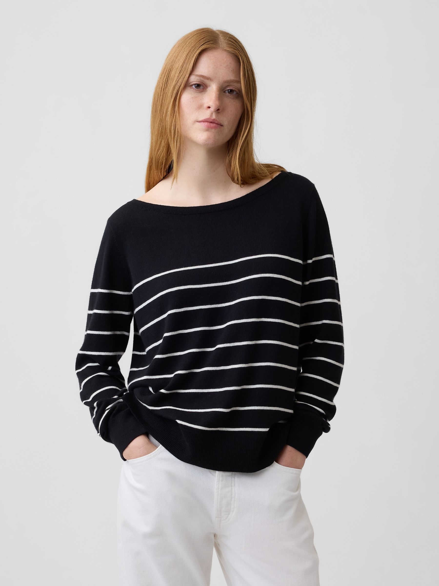 Black Stripe Relaxed Jersey Boatneck Jumper - Image 1 of 5 Black Stripe Relaxed Jersey Boatneck Jumper - Image 1 of 5