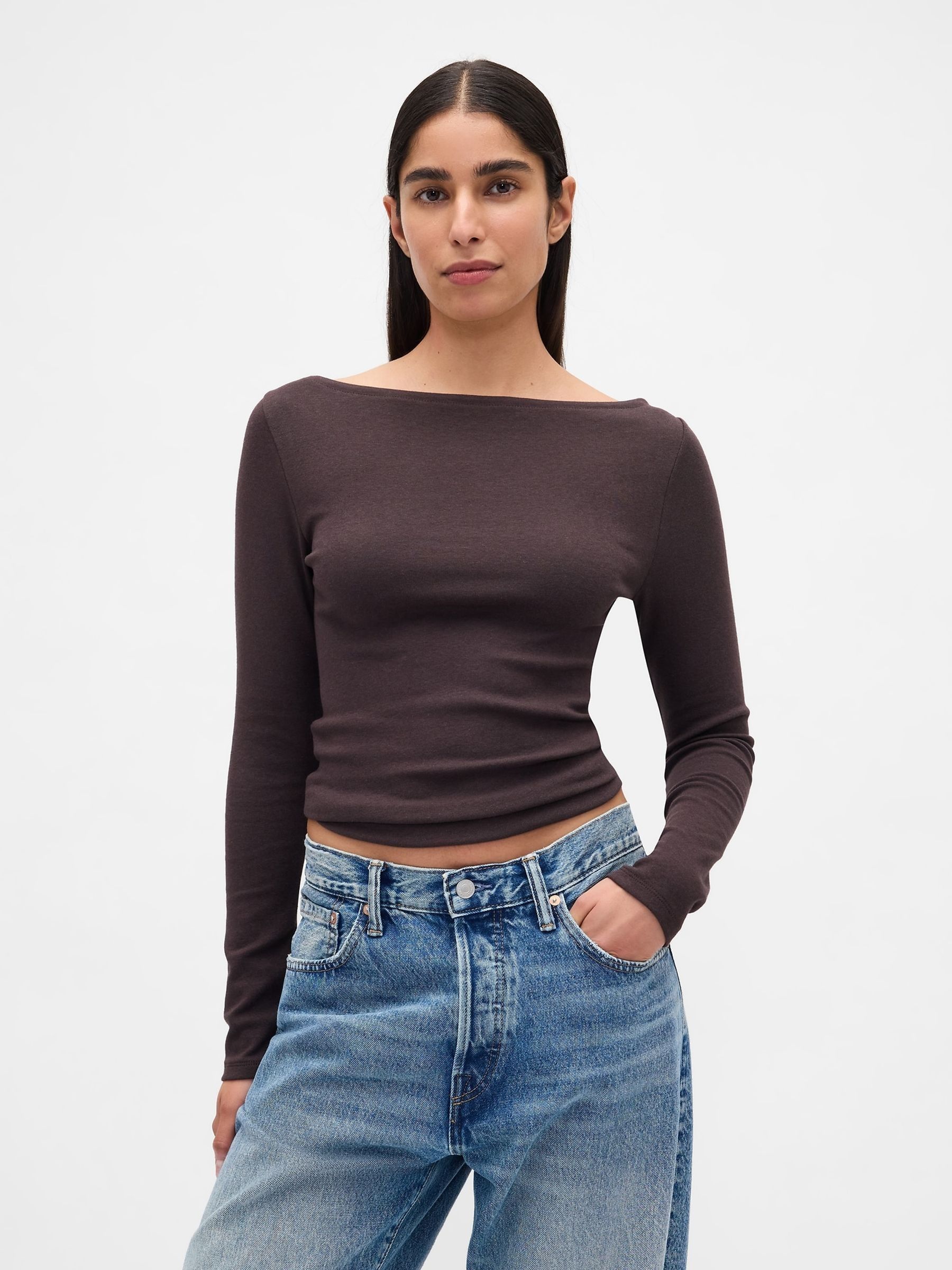 Brown Modern Boatneck Long Sleeve T-Shirt - Image 1 of 3