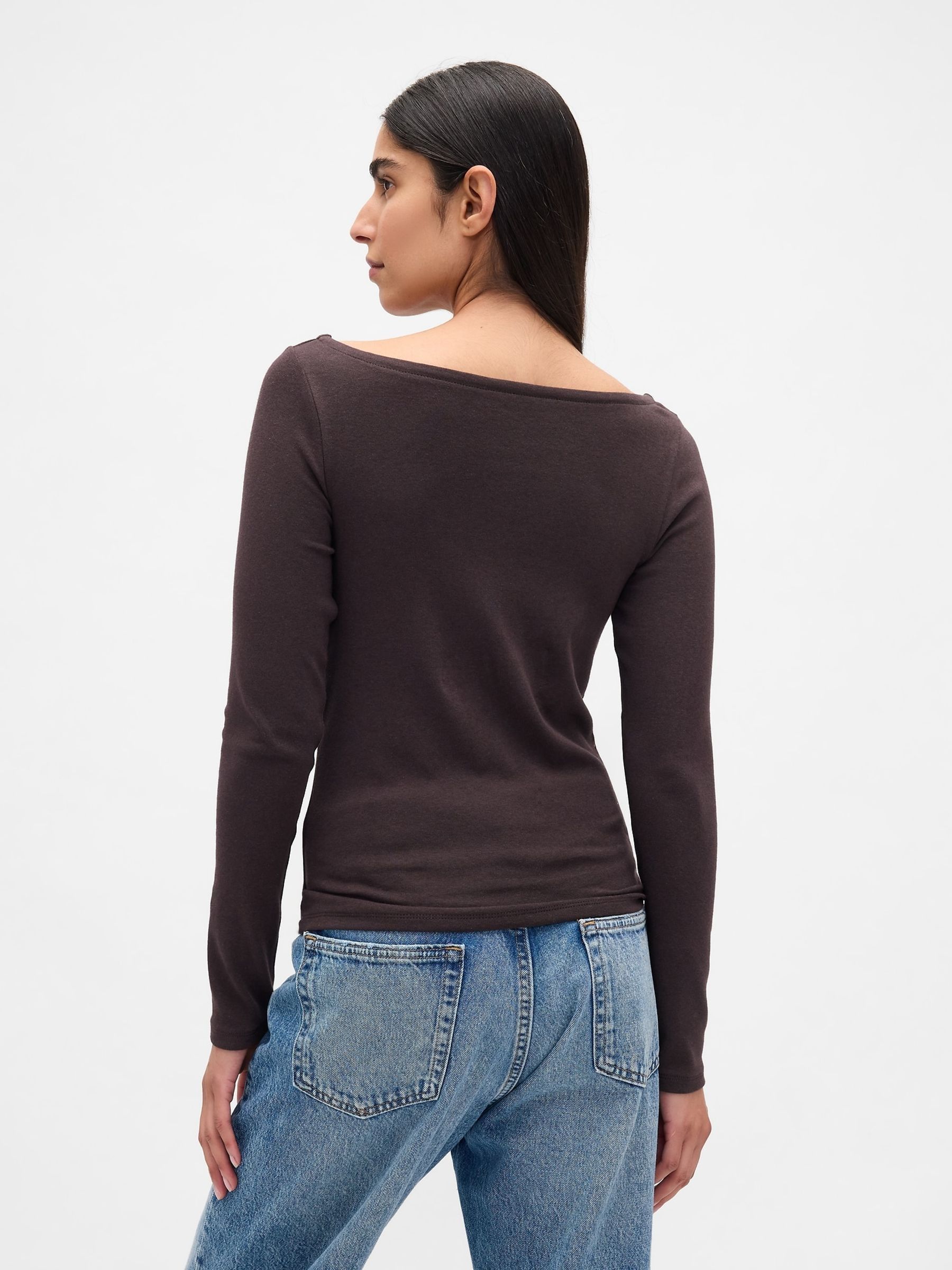 Brown Modern Boatneck Long Sleeve T-Shirt - Image 2 of 3