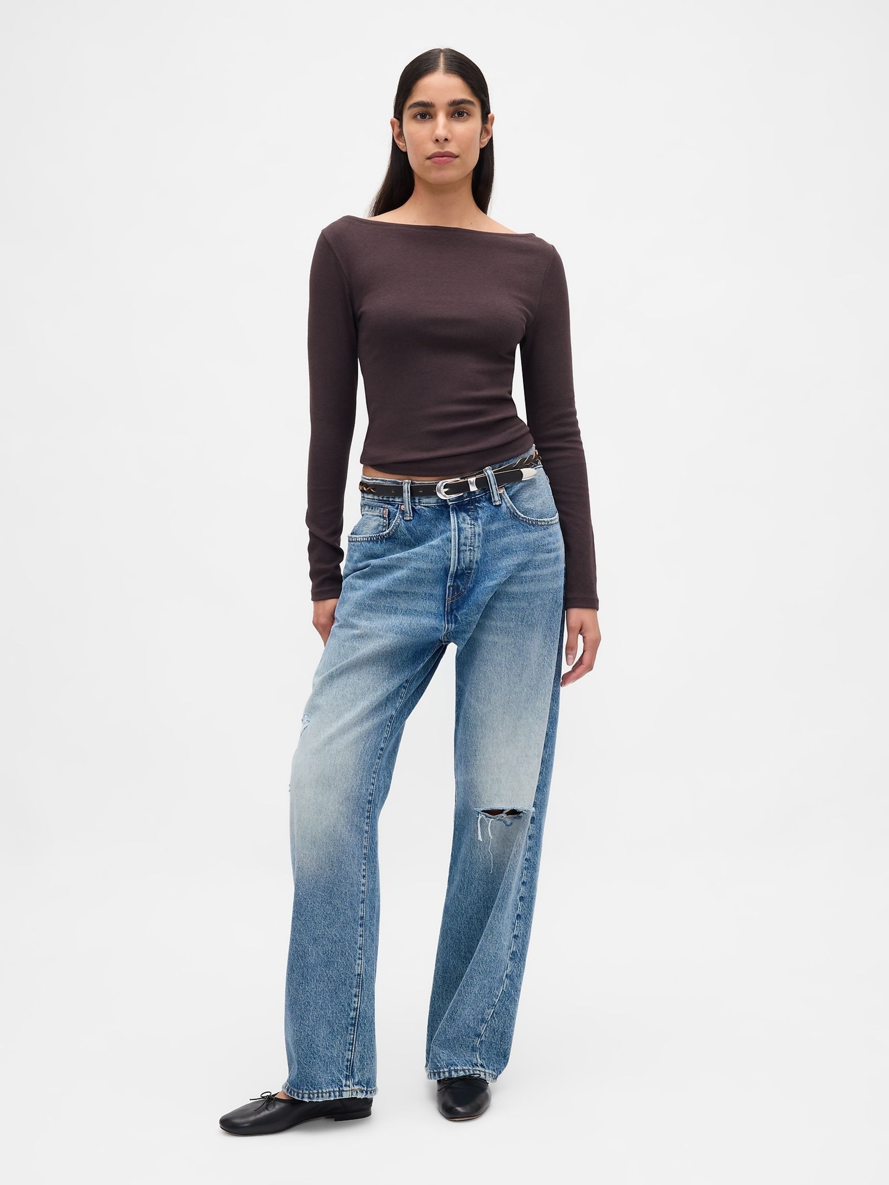 Brown Modern Boatneck Long Sleeve T-Shirt - Image 3 of 3