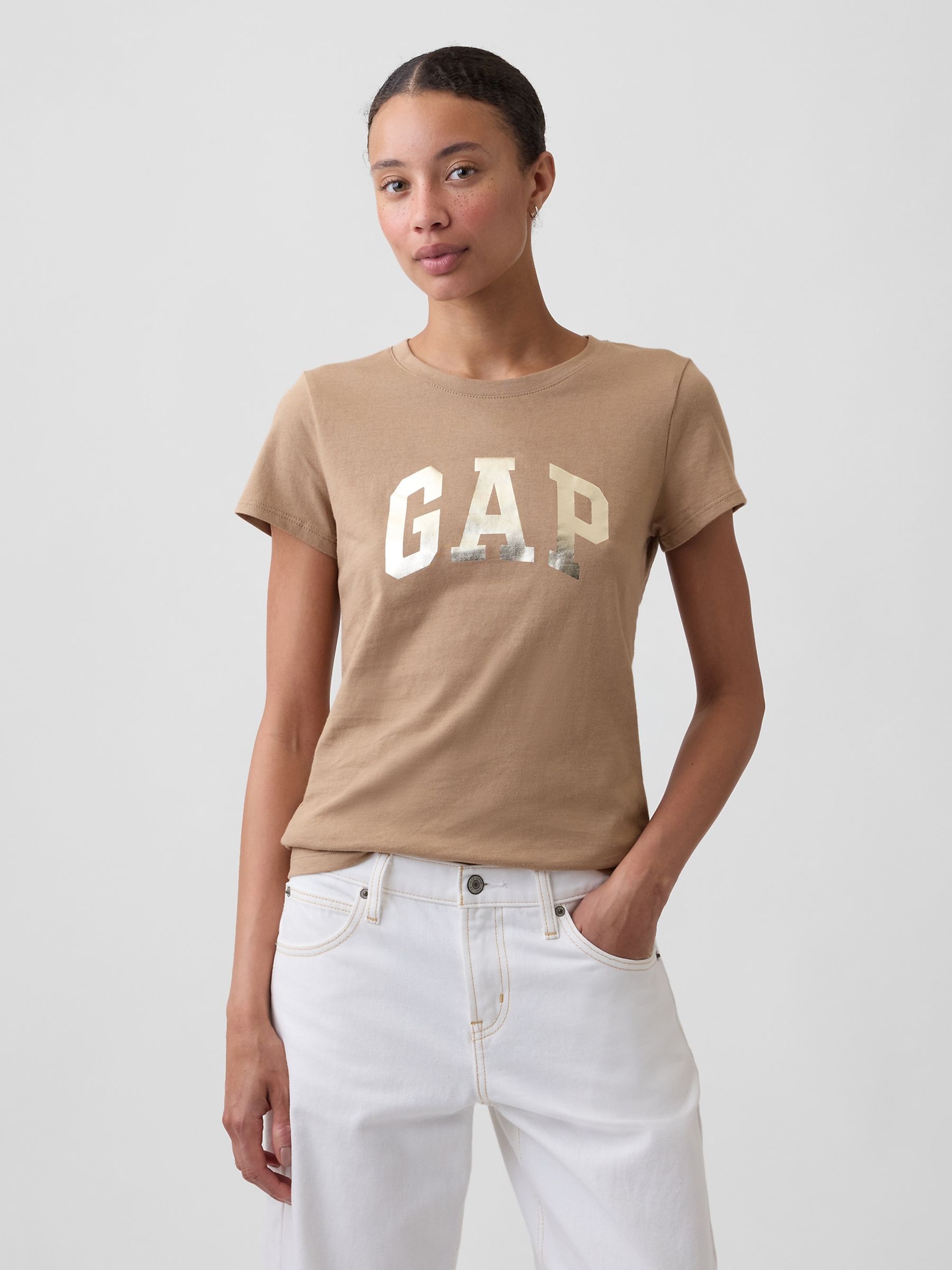 Tan/Gold Logo Short Sleeve T-Shirt - Image 1 of 5