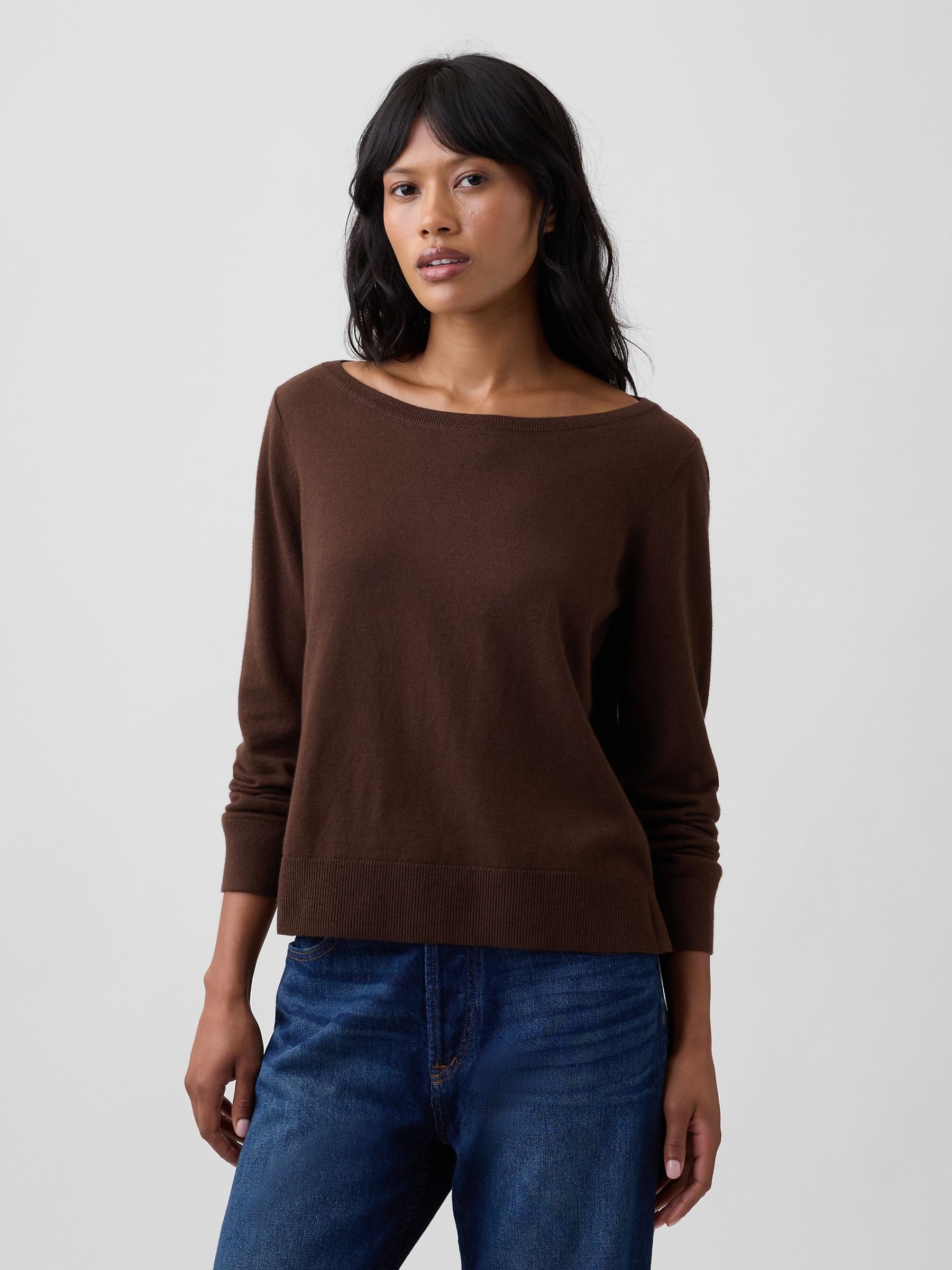 Chocolate Brown Relaxed Jersey Boatneck Jumper - Image 1 of 5