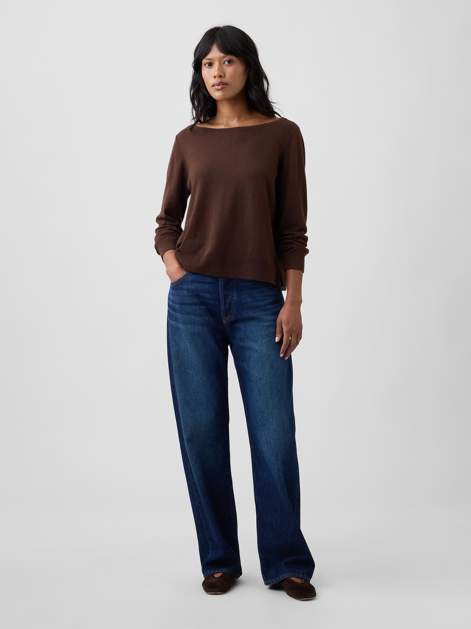 Chocolate Brown Relaxed Jersey Boatneck Jumper - Image 3 of 5