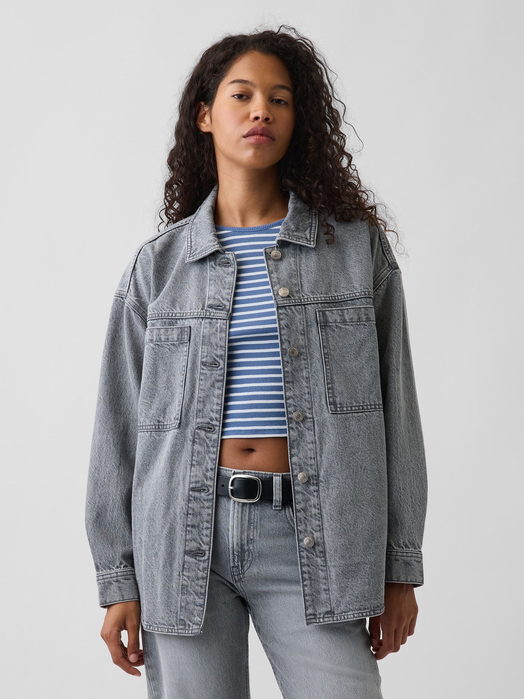 Grey Wash Denim Oversized Shirt Jacket - Image 1 of 4