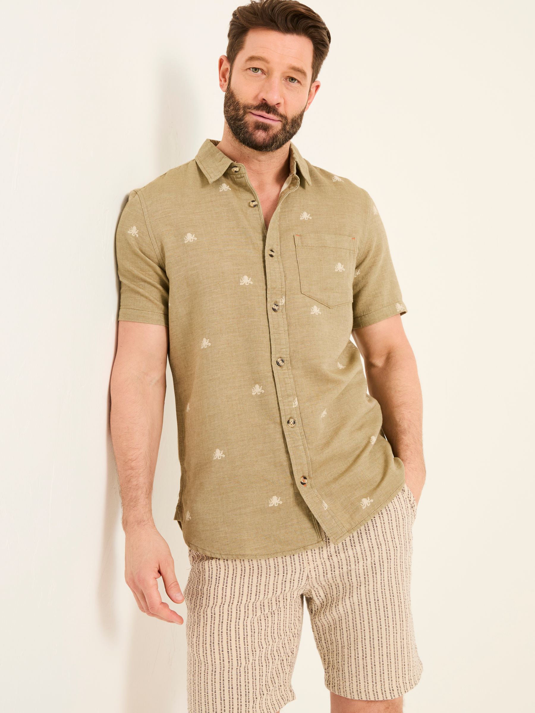Khaki Green Short Sleeve Octopus Embroidered Shirt | FatFace USA