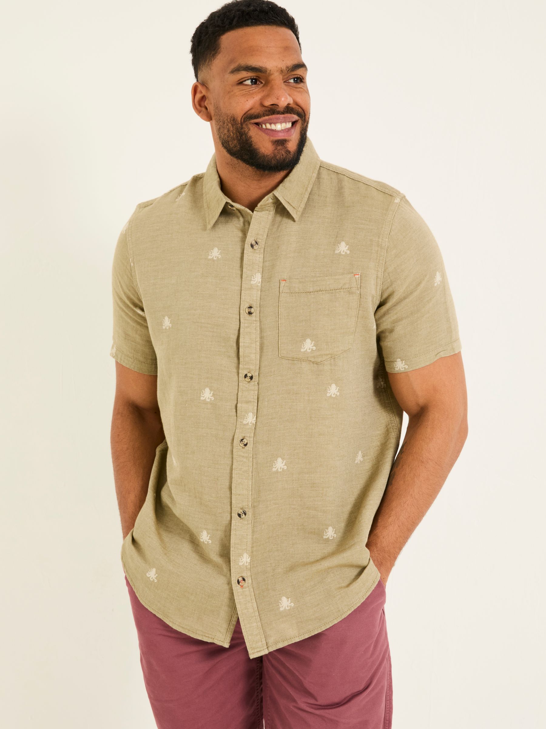 Khaki Green Short Sleeve Octopus Embroidered Shirt - Image 6 of 10