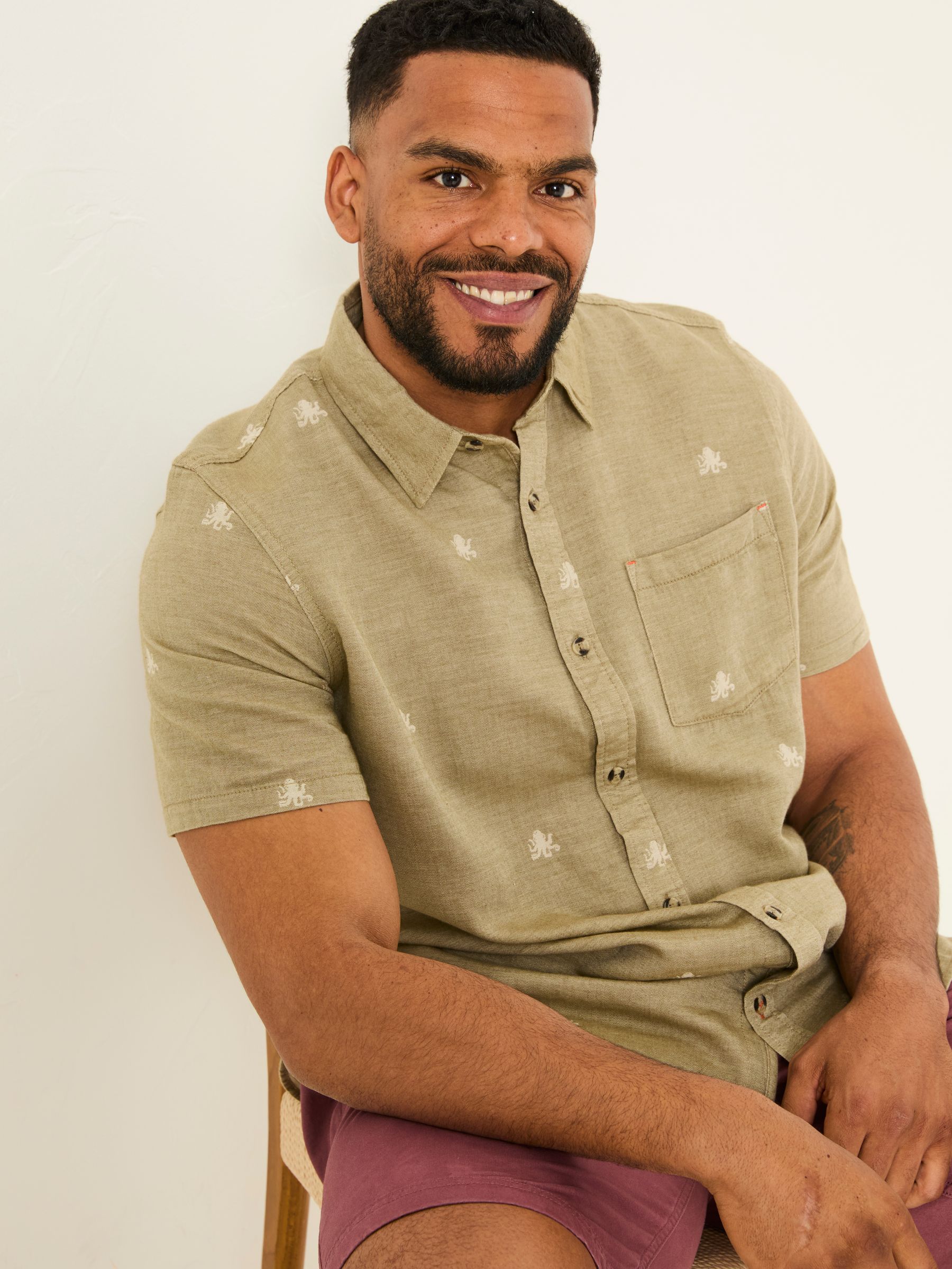 Khaki Green Short Sleeve Octopus Embroidered Shirt - Image 7 of 10