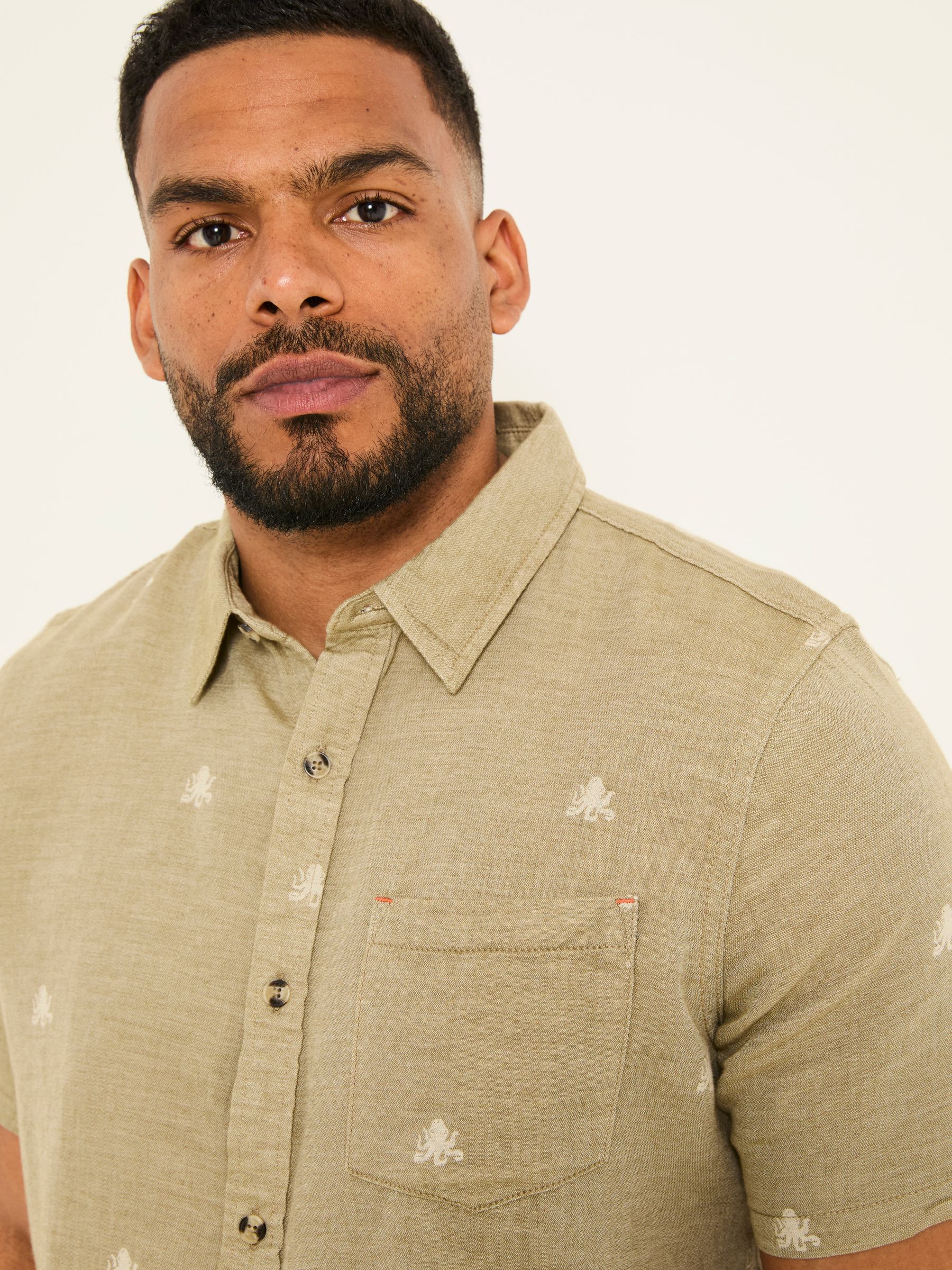 Khaki Green Short Sleeve Octopus Embroidered Shirt - Image 8 of 10