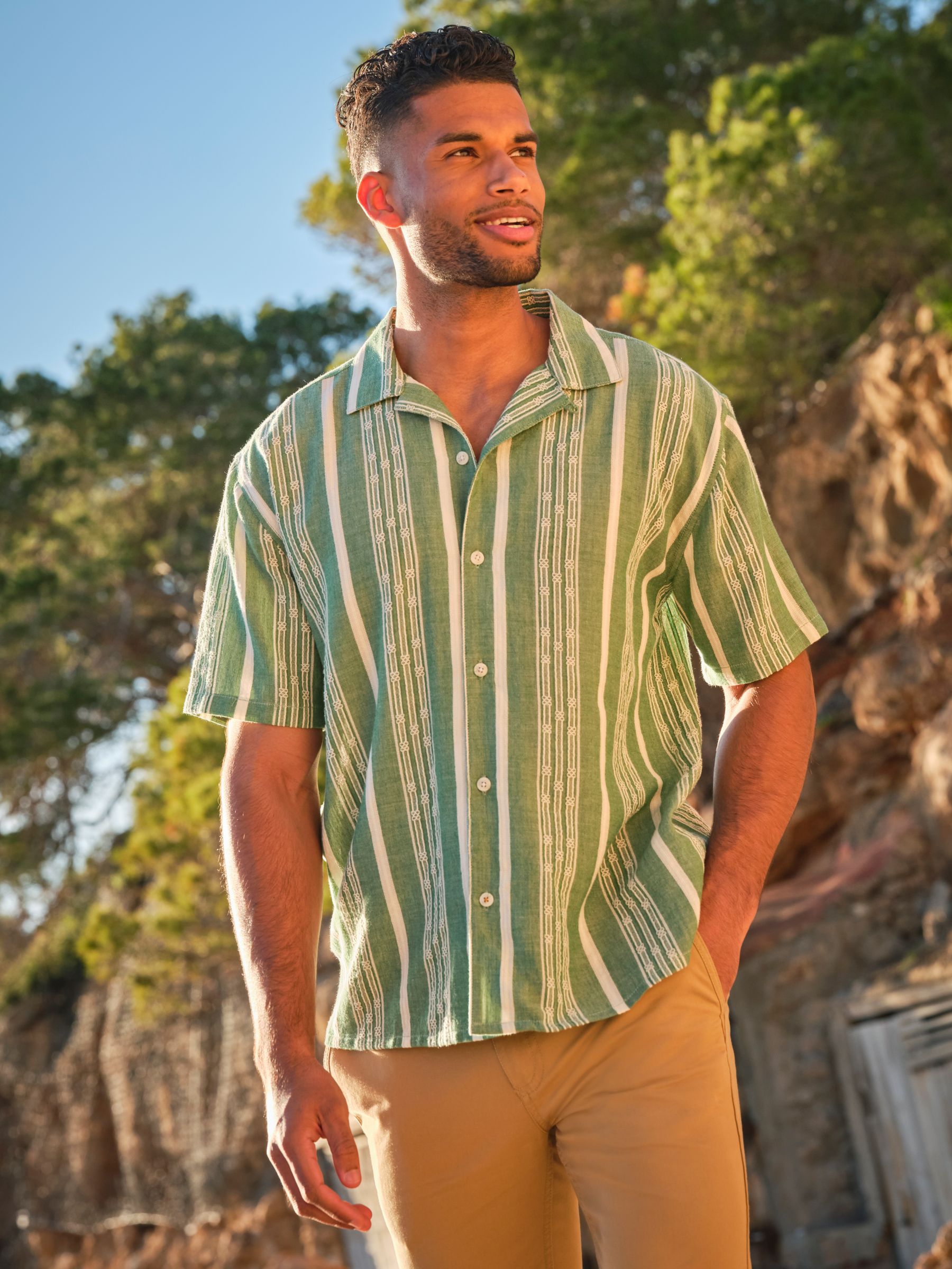 Green Short Sleeve Relaxed Fit Embroidered Stripe Shirt - Image 1 of 10