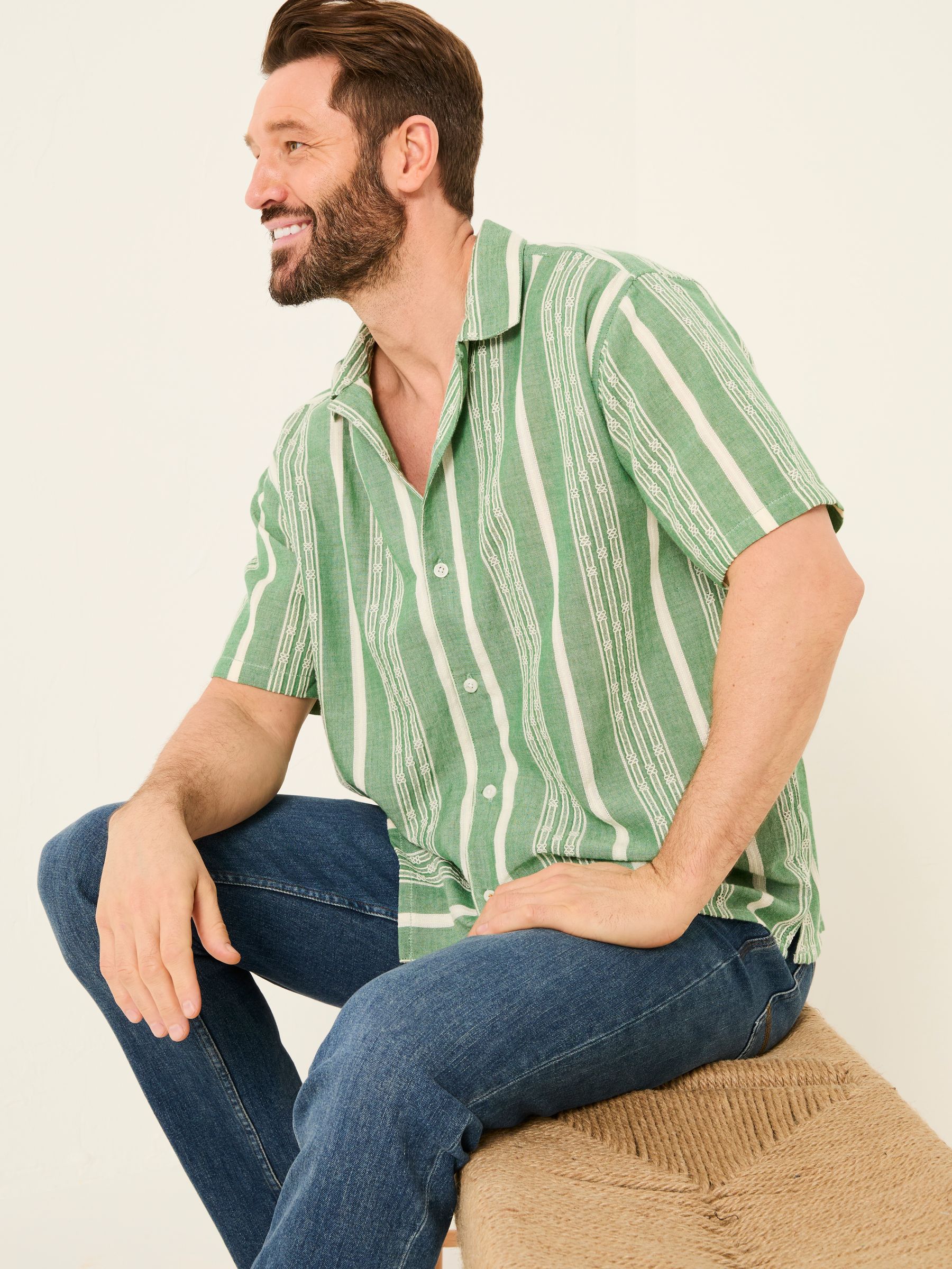 Green Short Sleeve Relaxed Fit Embroidered Stripe Shirt - Image 4 of 10