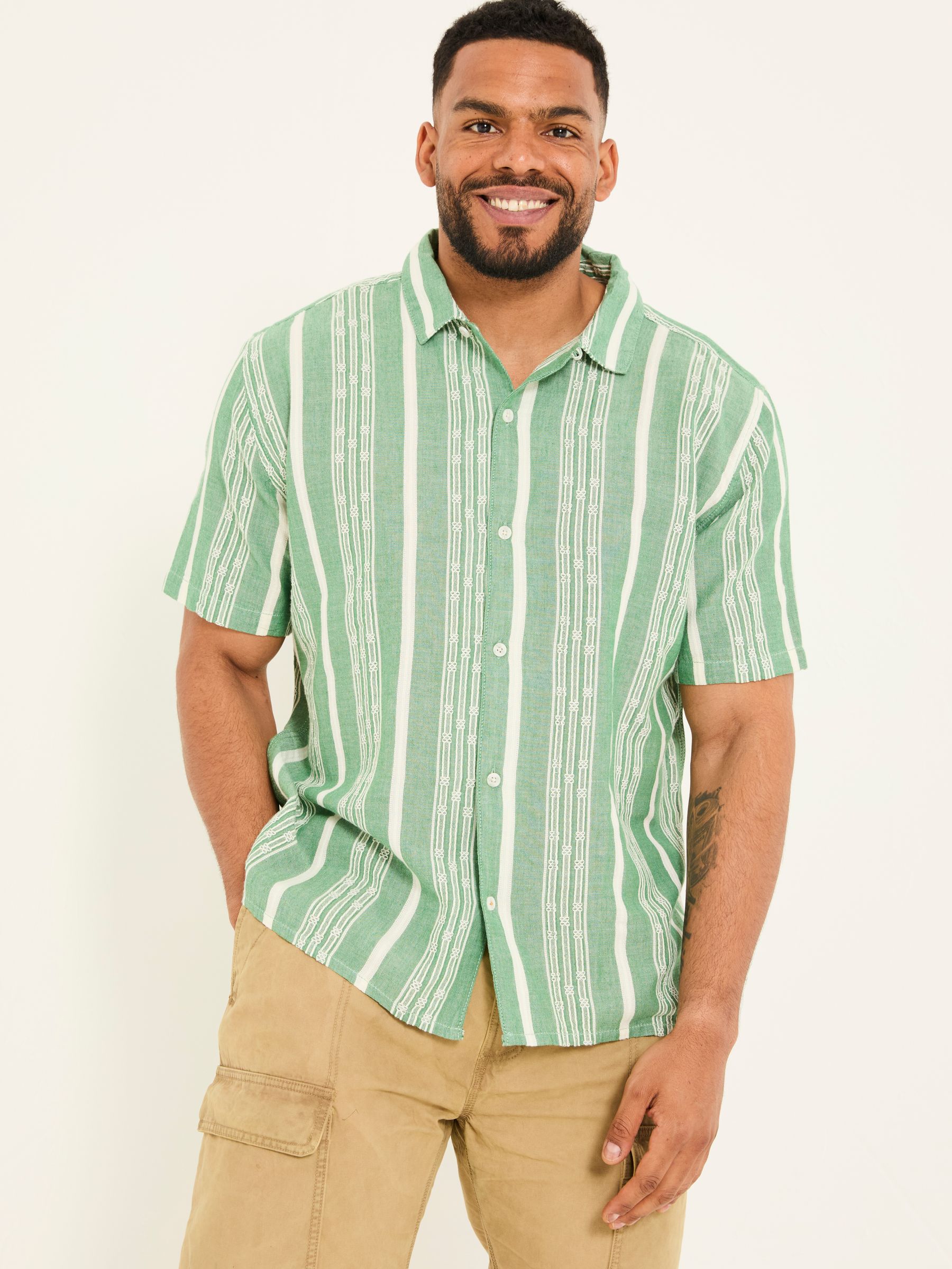 Green Short Sleeve Relaxed Fit Embroidered Stripe Shirt - Image 6 of 10