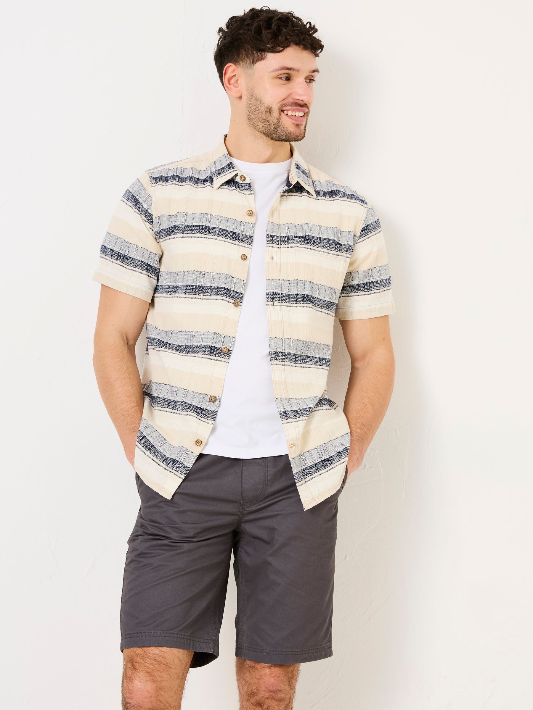 Milo Navy Short Sleeve textured Stripe 100% Cotton Shirt - Image 2 of 6