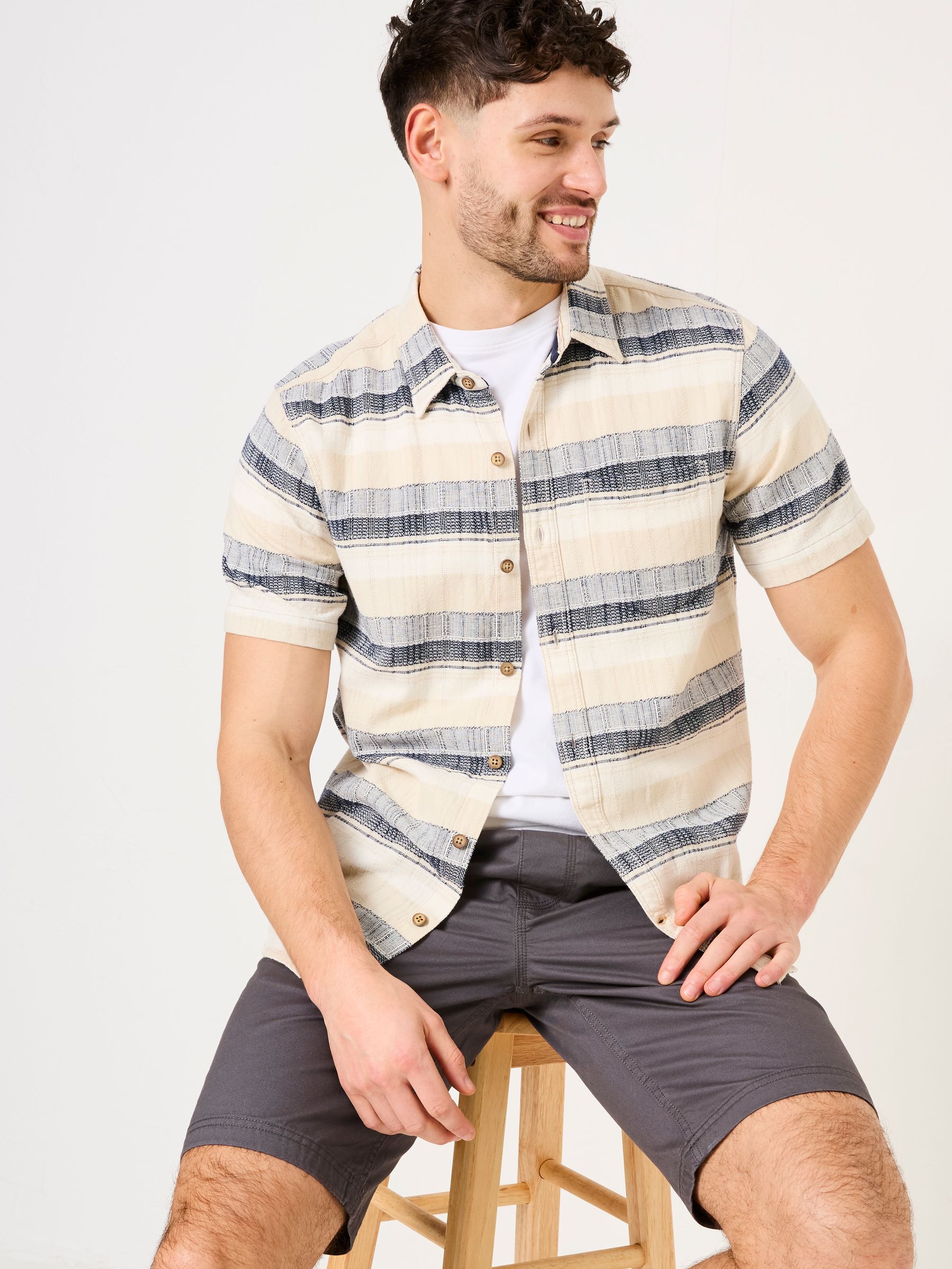 Milo Navy Short Sleeve textured Stripe 100% Cotton Shirt - Image 3 of 6