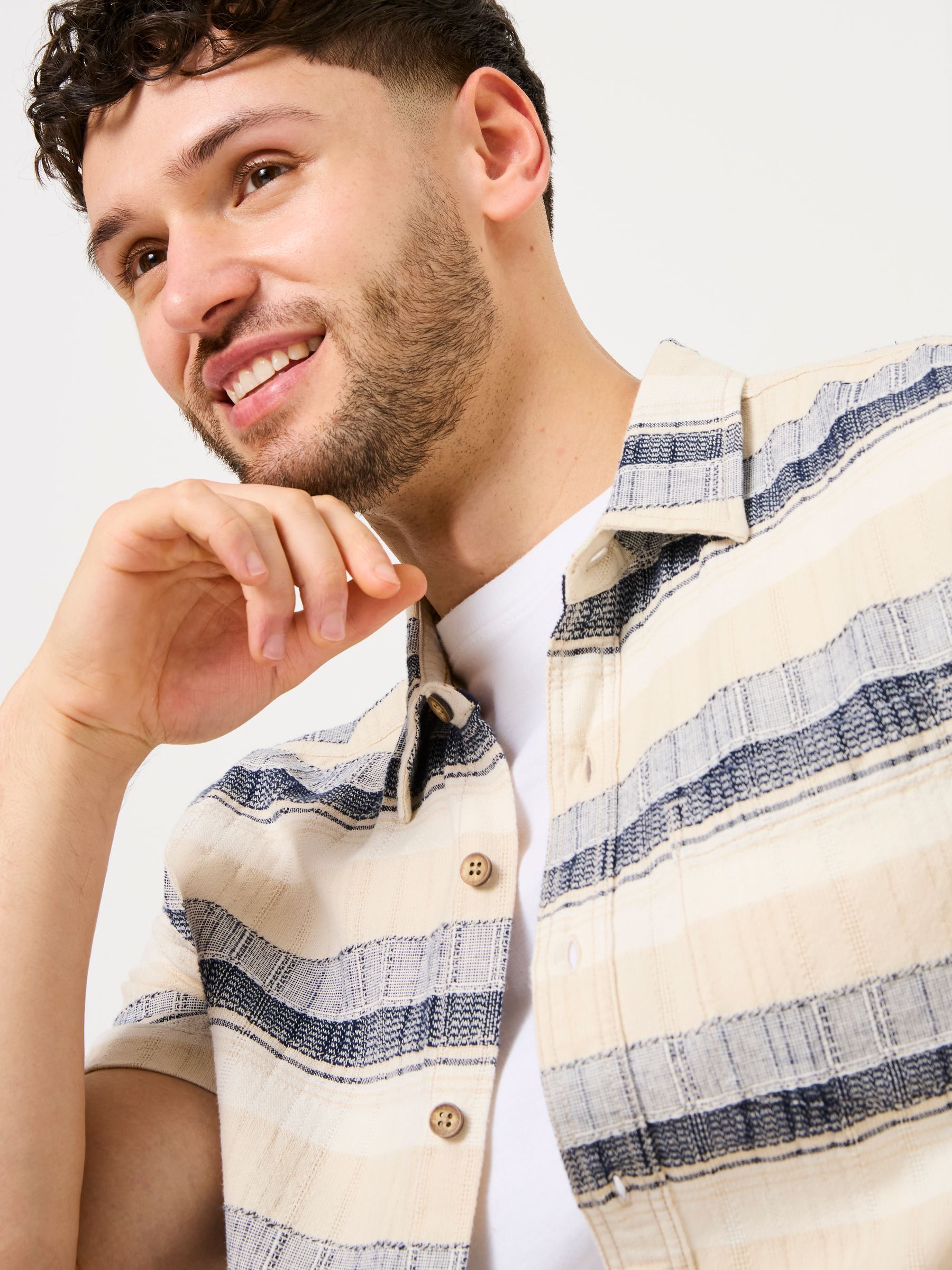 Milo Navy Short Sleeve textured Stripe 100% Cotton Shirt - Image 4 of 6