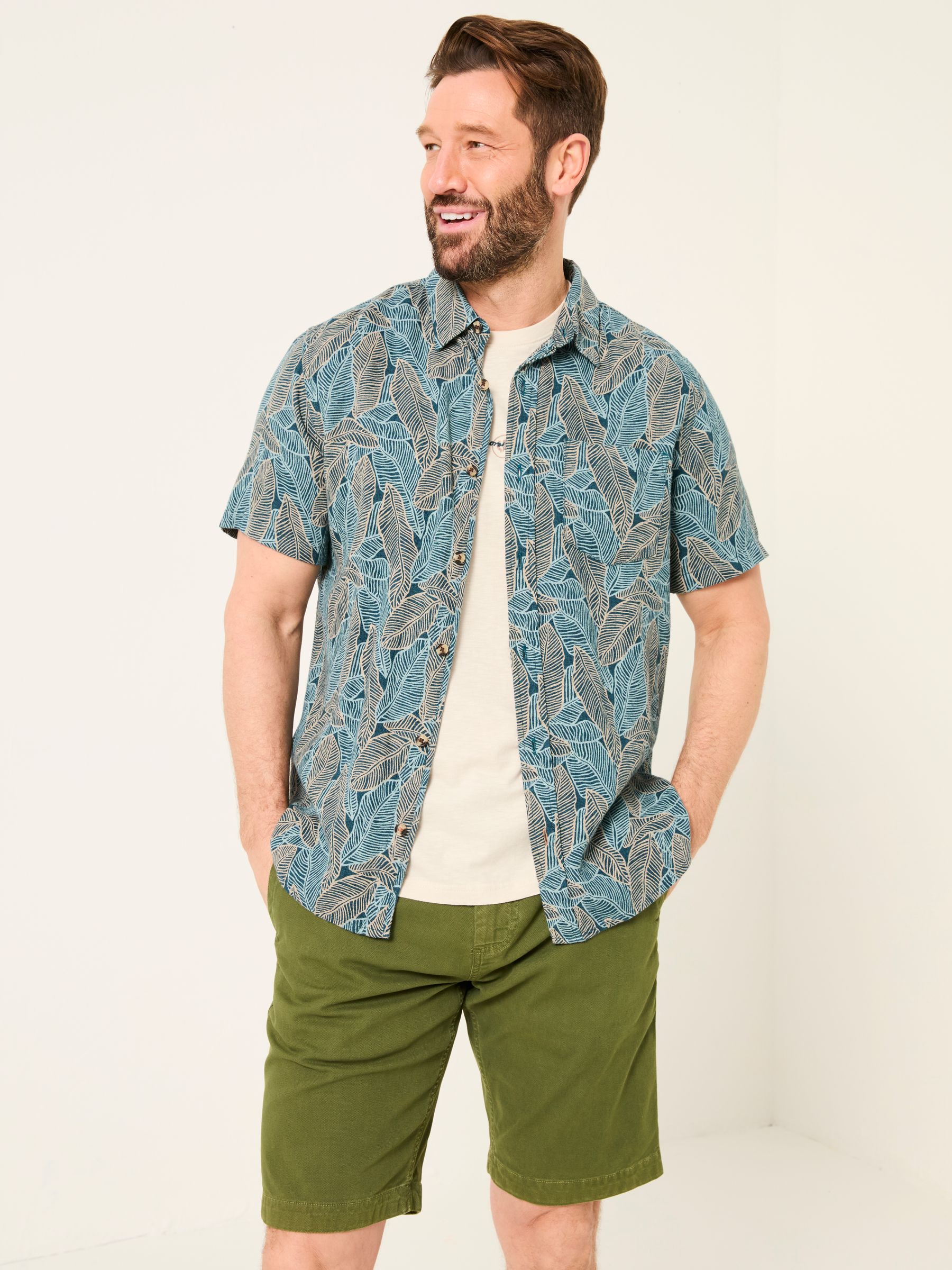 Teal Blue Short Sleeve Leaf Print Shirt - Image 1 of 8