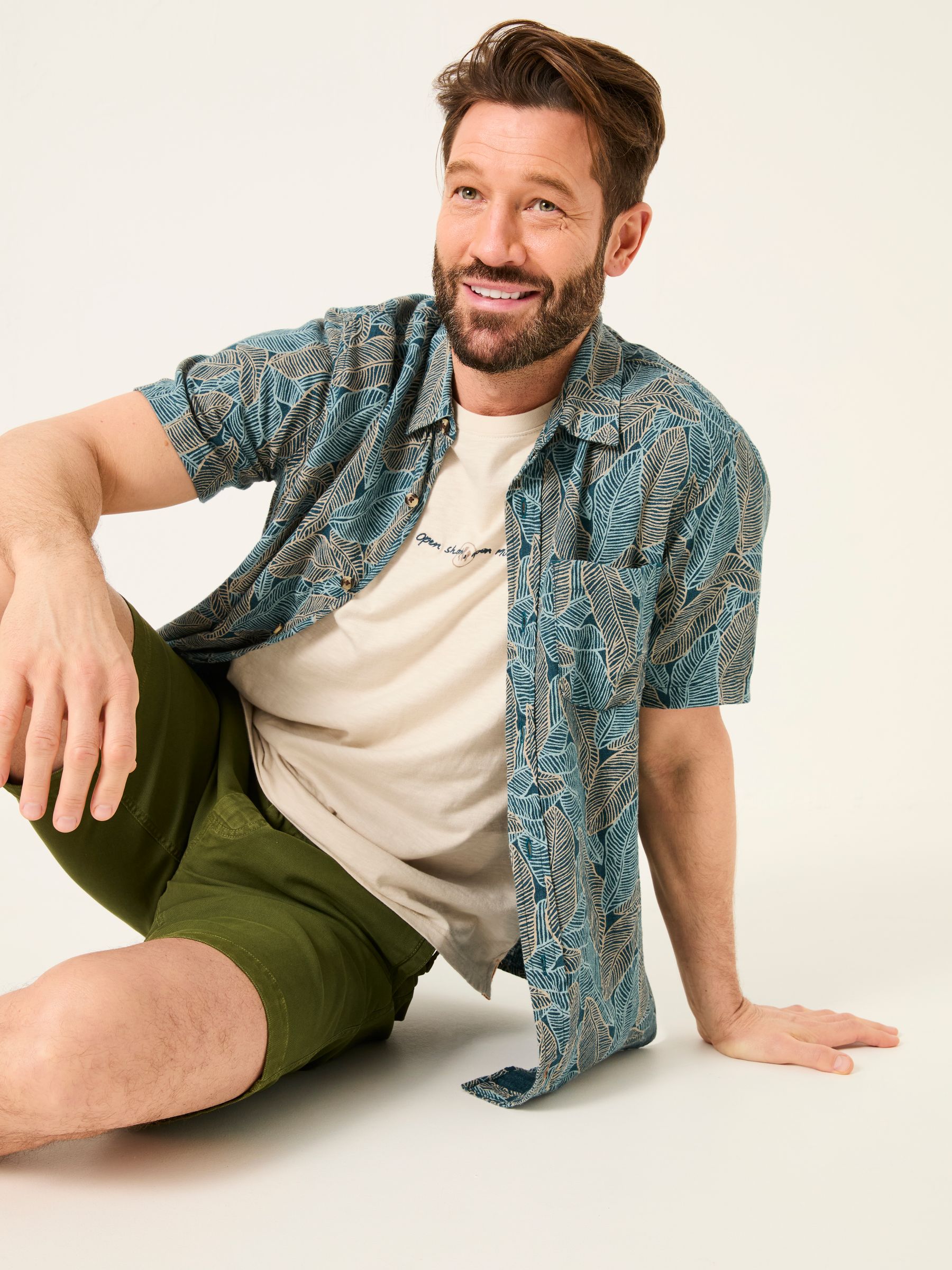 Teal Blue Short Sleeve Leaf Print Shirt - Image 3 of 8