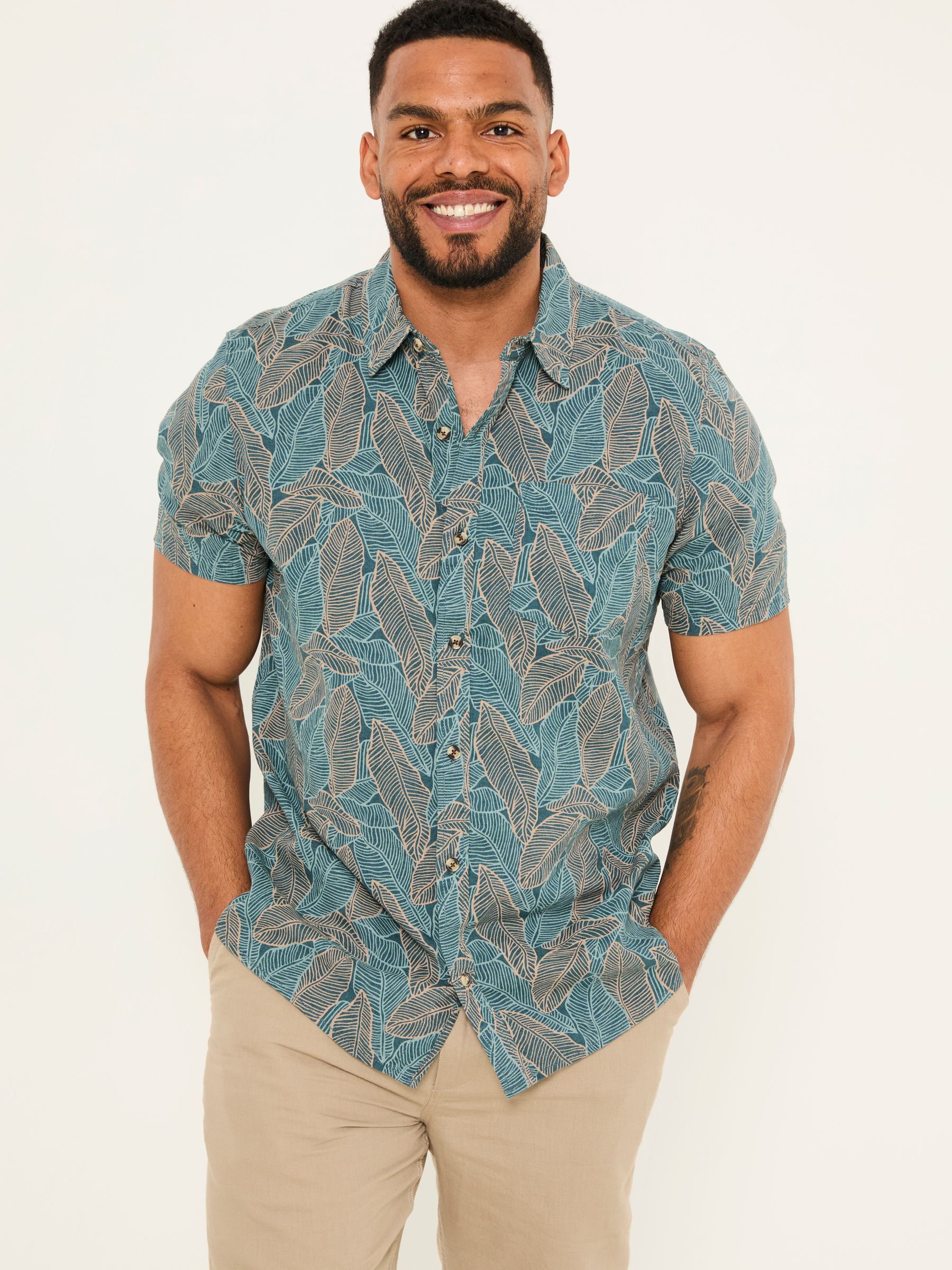 Teal Blue Short Sleeve Leaf Print Shirt - Image 4 of 8