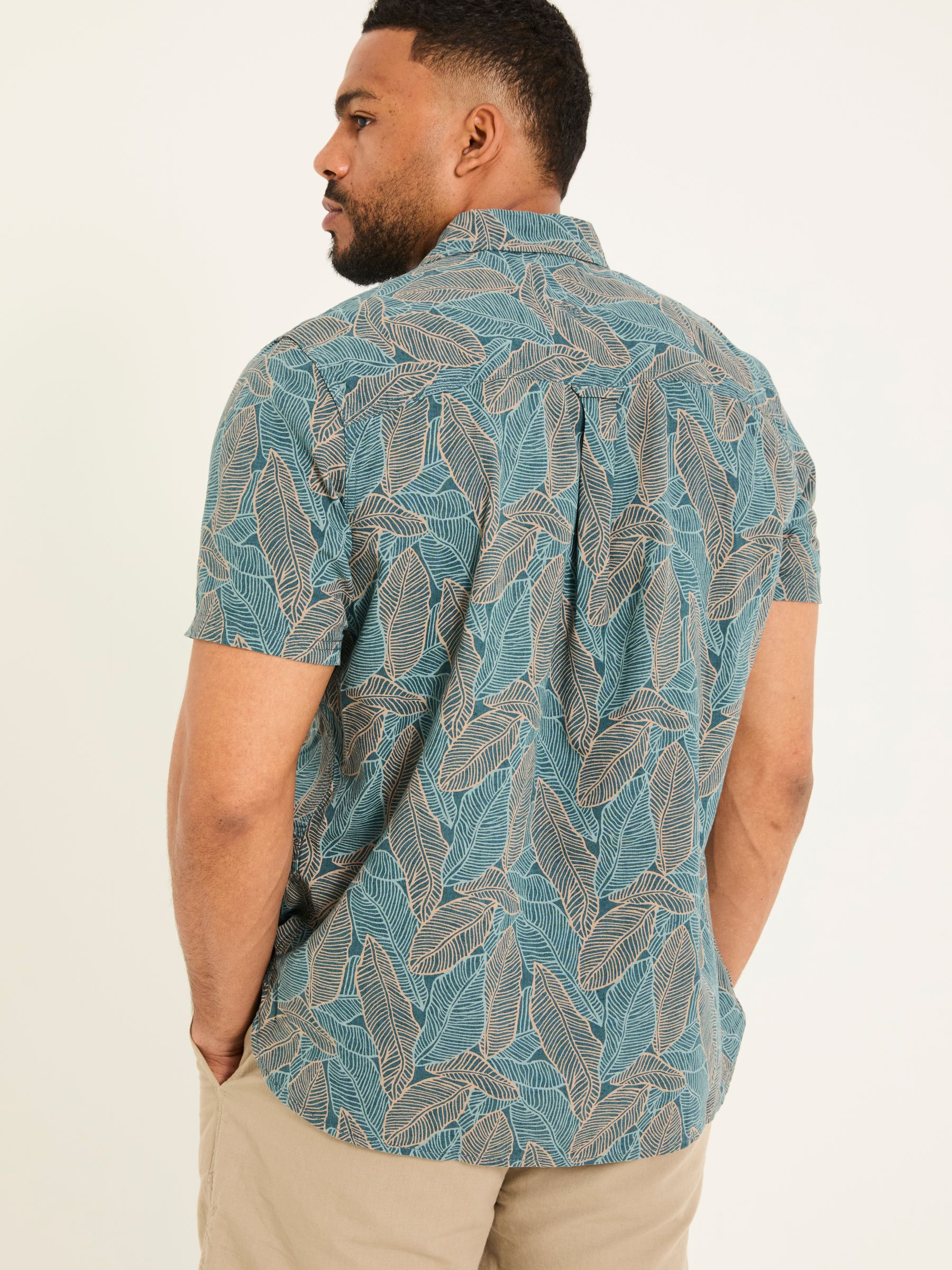 Teal Blue Short Sleeve Leaf Print Shirt - Image 5 of 8