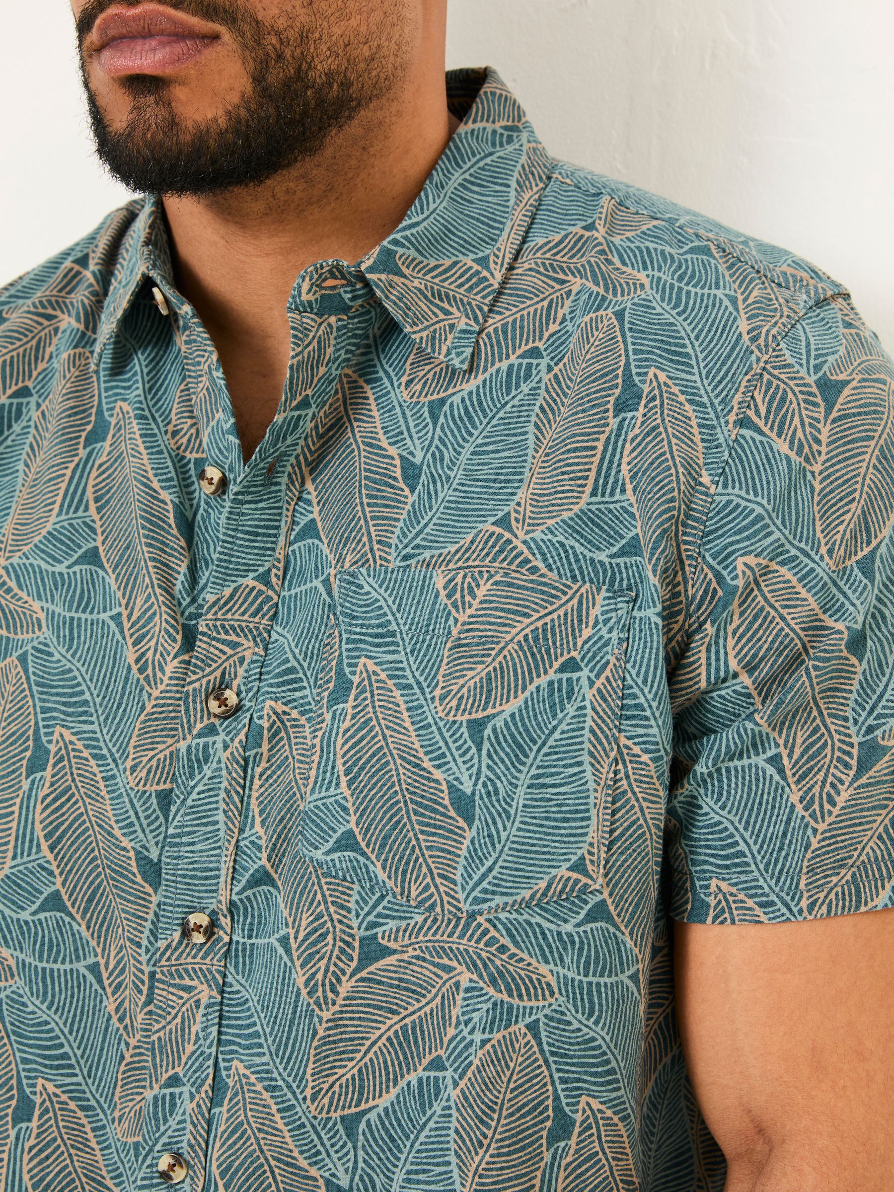 Teal Blue Short Sleeve Leaf Print Shirt - Image 6 of 8