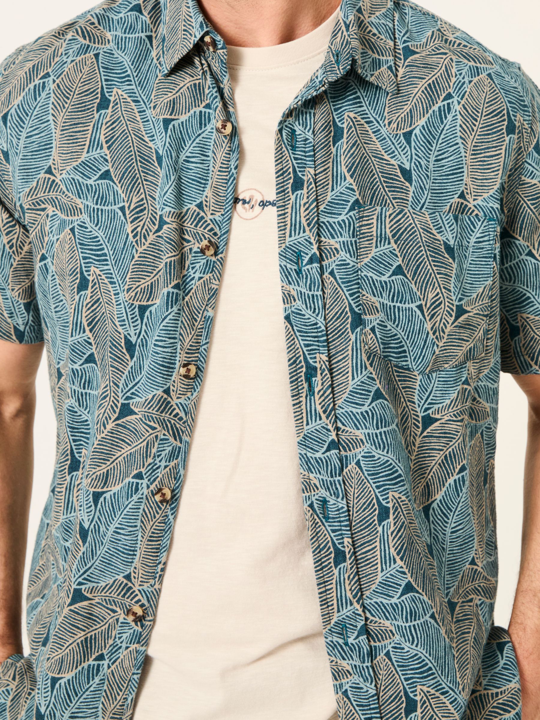 Teal Blue Short Sleeve Leaf Print Shirt - Image 7 of 8