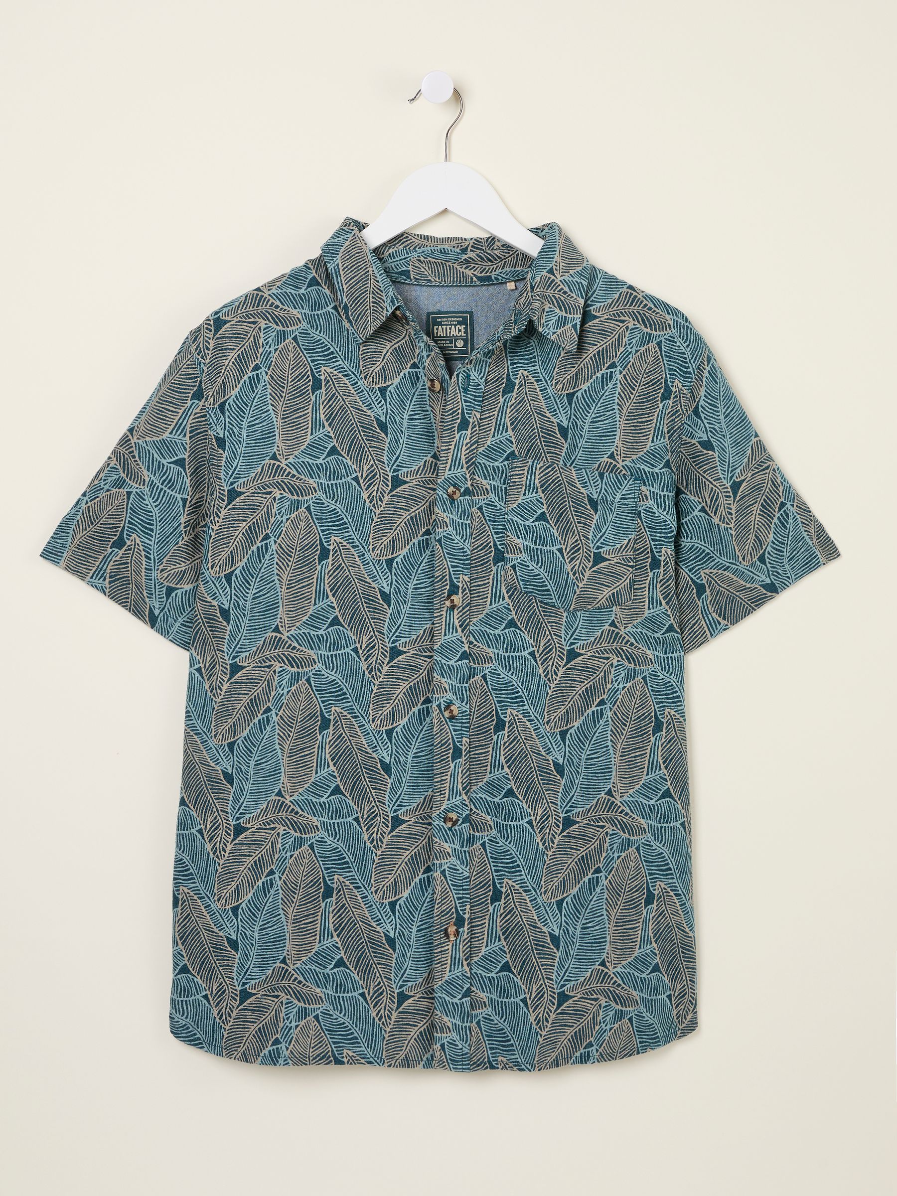 Teal Blue Short Sleeve Leaf Print Shirt - Image 8 of 8