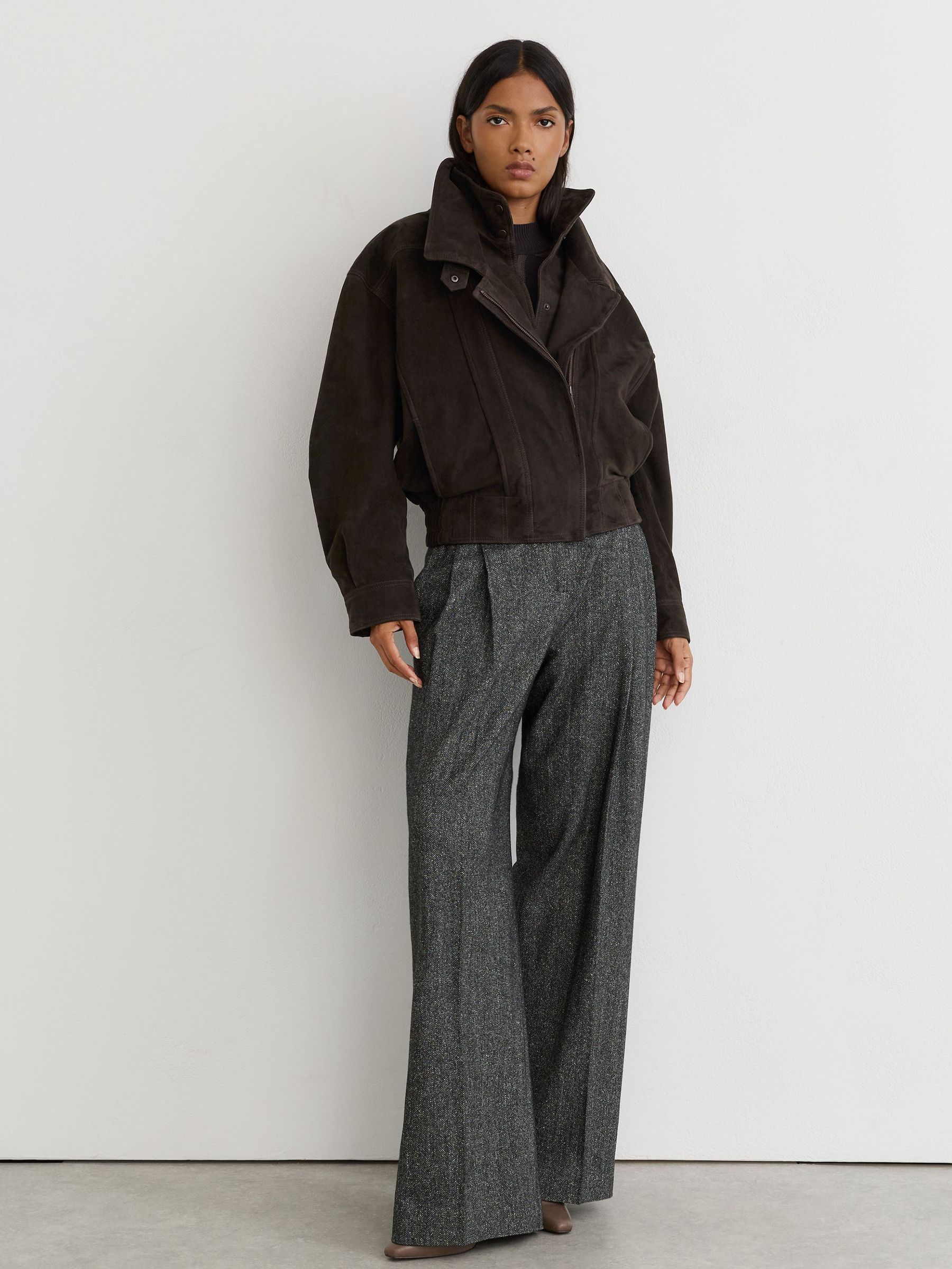 Petite Suede Double-Layer Relaxed-Fit Jacket in Coffee Brown - Image 1 of 10