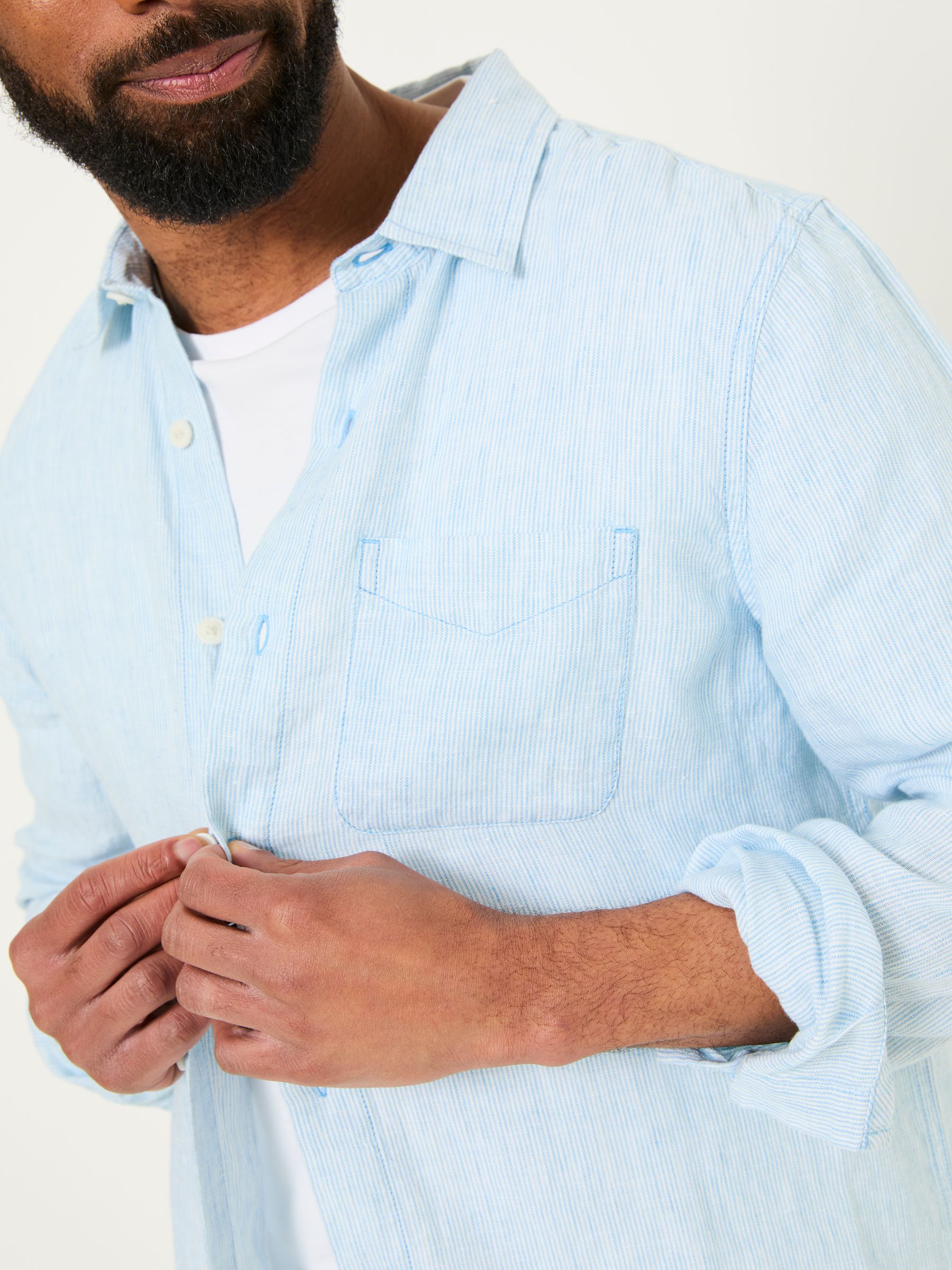 Blue Long Sleeve Linen Stripe 100% Linen Shirt - Image 4 of 6