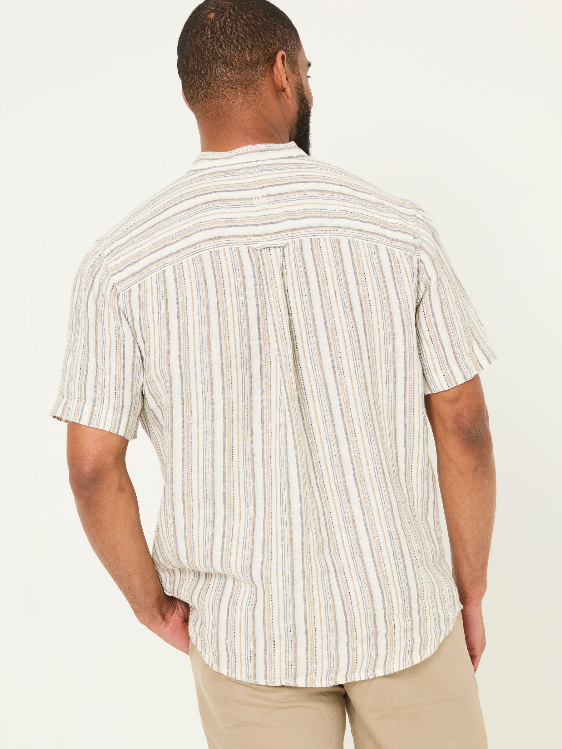 Natural Grandad Short Sleeve Linen Stripe Popover 100% Linen Shirt - Image 2 of 6