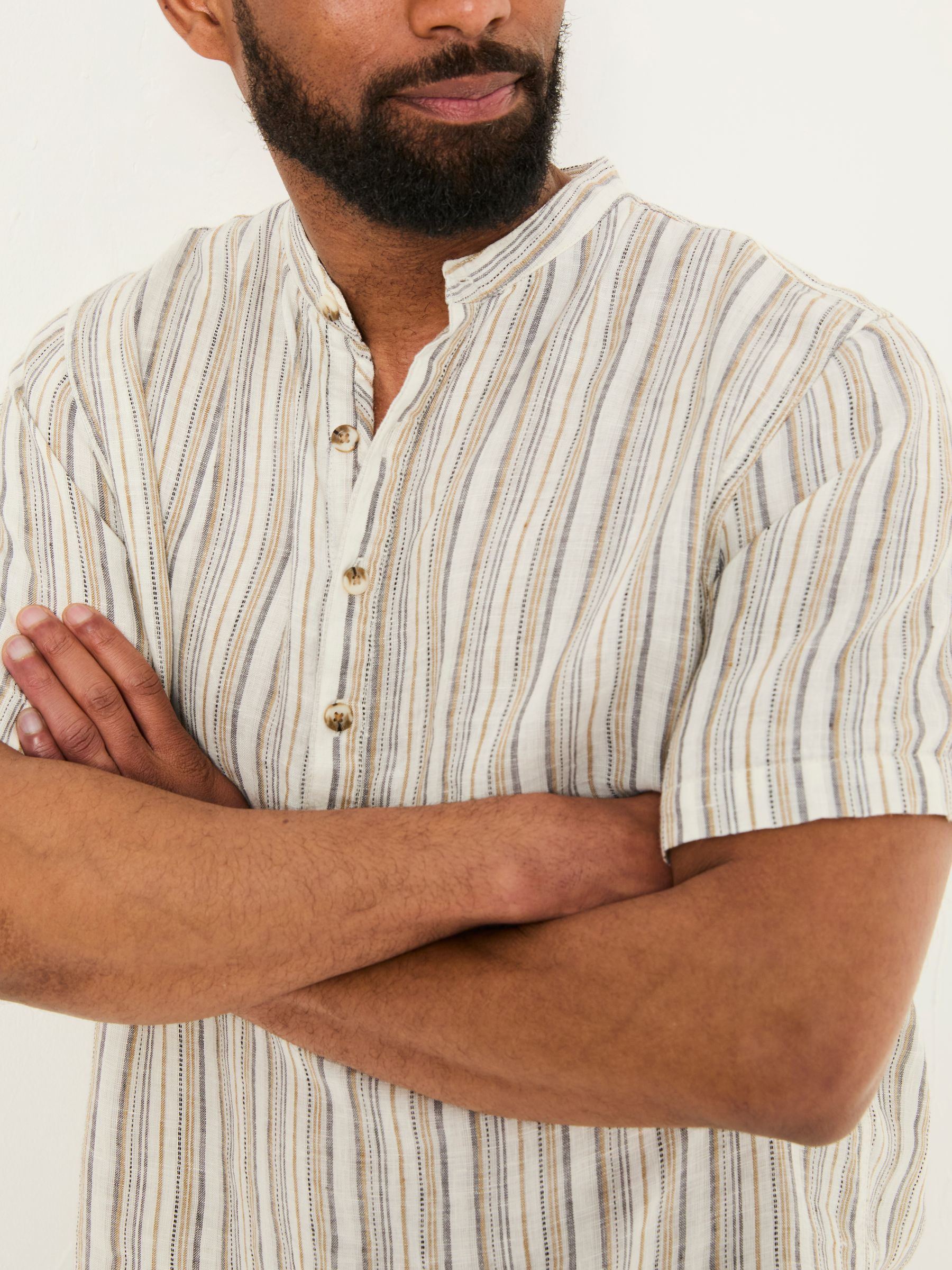 Natural Grandad Short Sleeve Linen Stripe Popover 100% Linen Shirt - Image 3 of 6