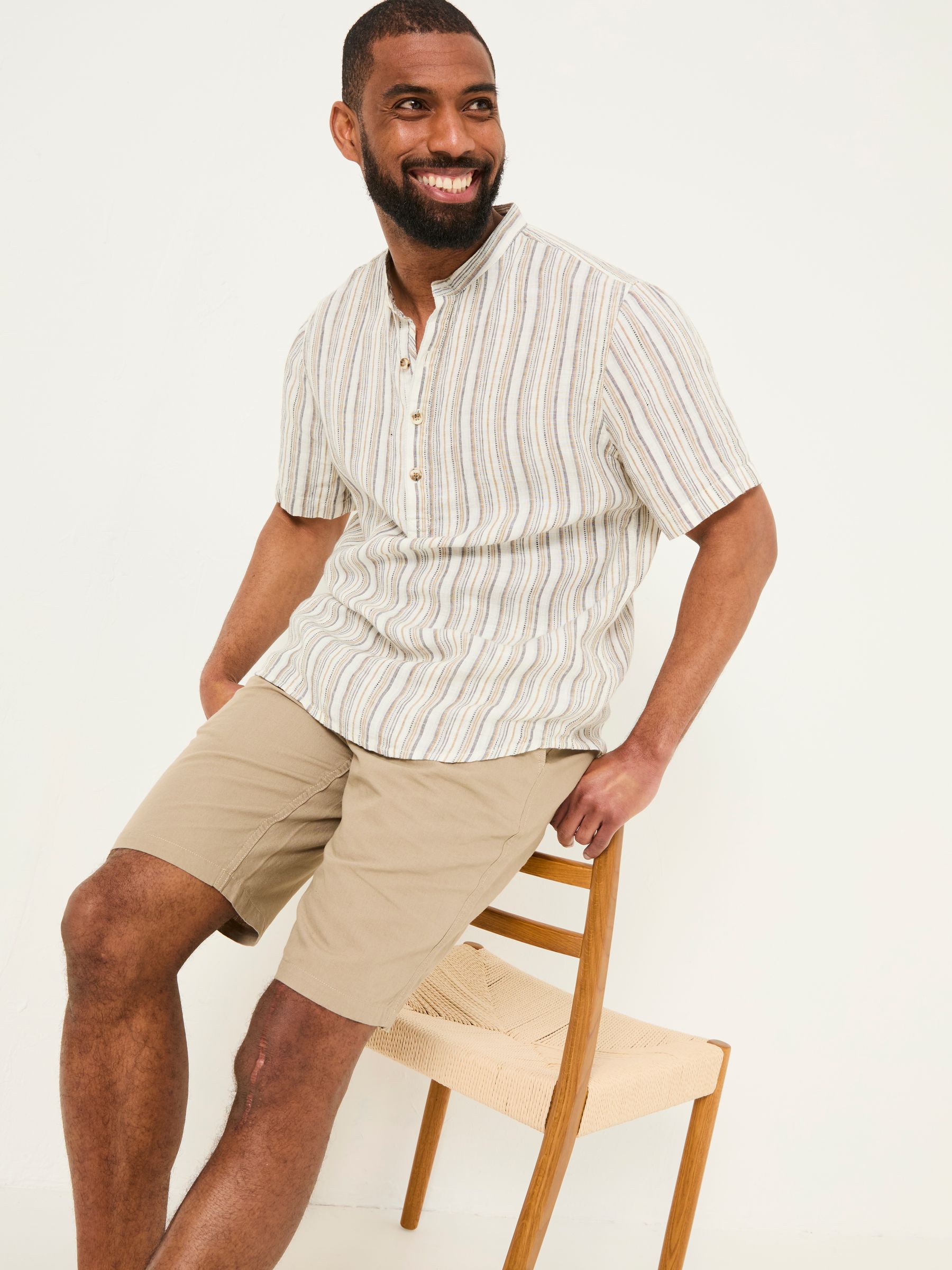 Natural Grandad Short Sleeve Linen Stripe Popover 100% Linen Shirt - Image 4 of 6