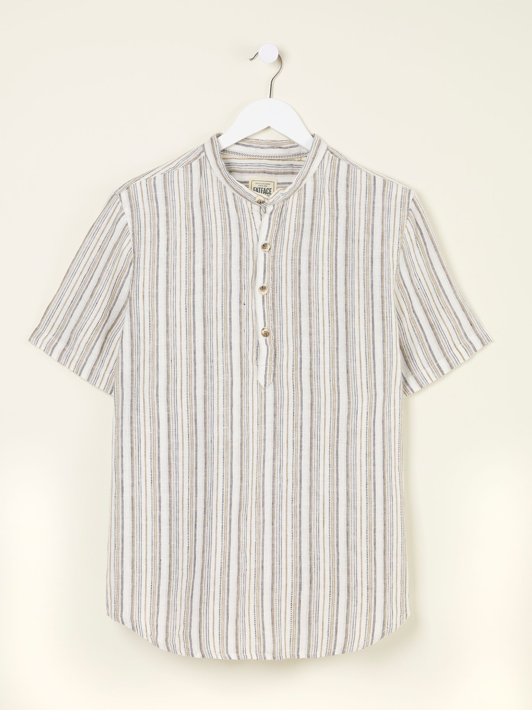 Natural Grandad Short Sleeve Linen Stripe Popover 100% Linen Shirt - Image 5 of 6