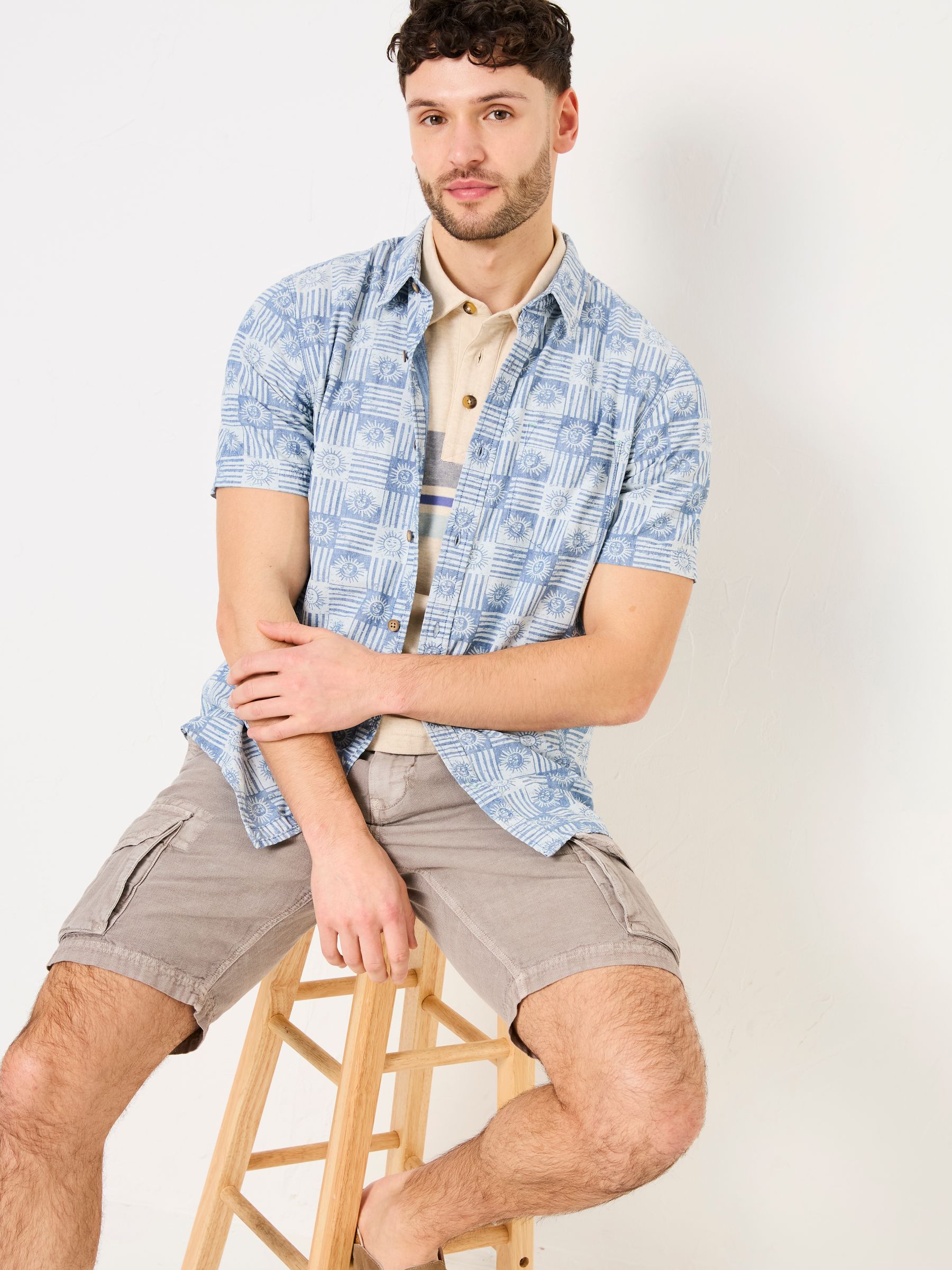 Blue Short Sleeve Sun Print 100% Cotton Shirt - Image 4 of 10