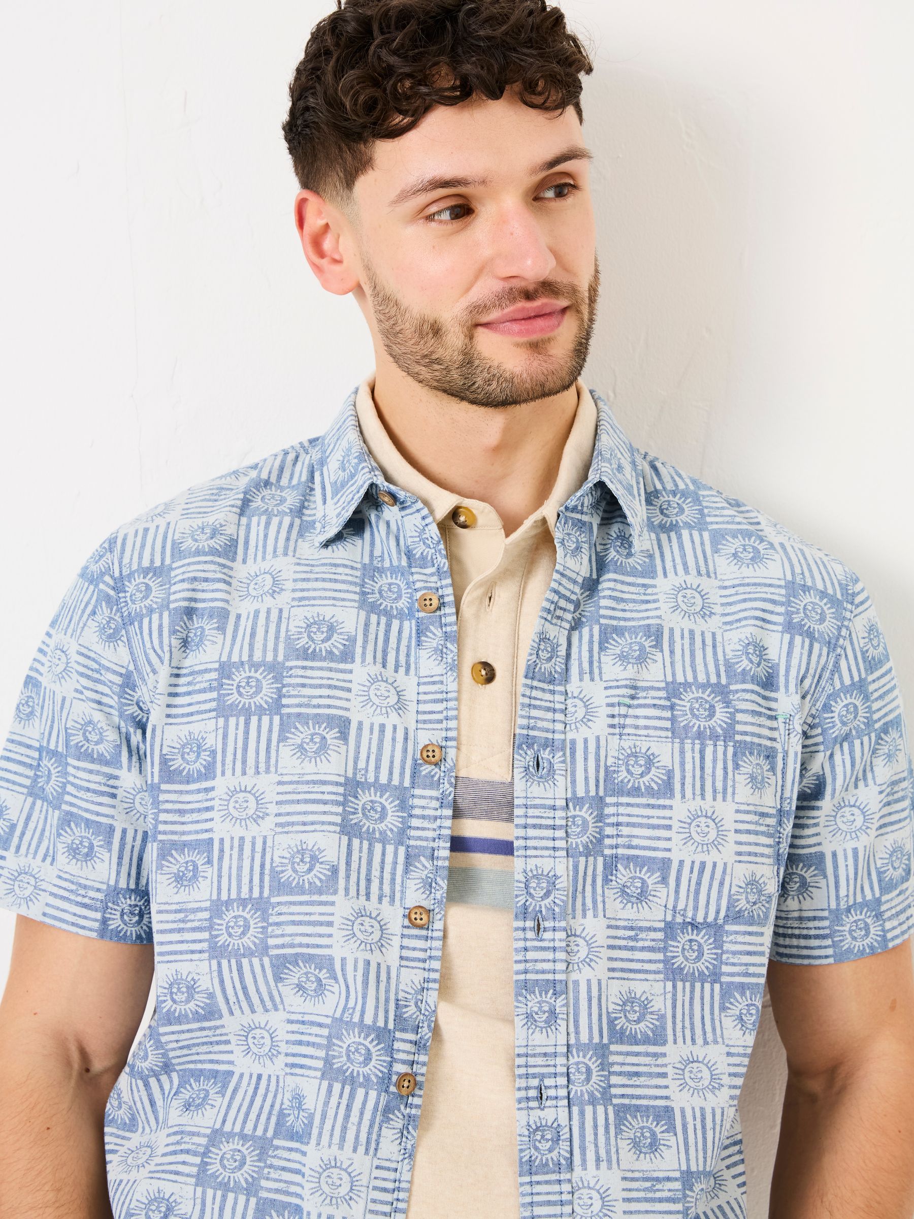 Blue Short Sleeve Sun Print 100% Cotton Shirt - Image 5 of 10