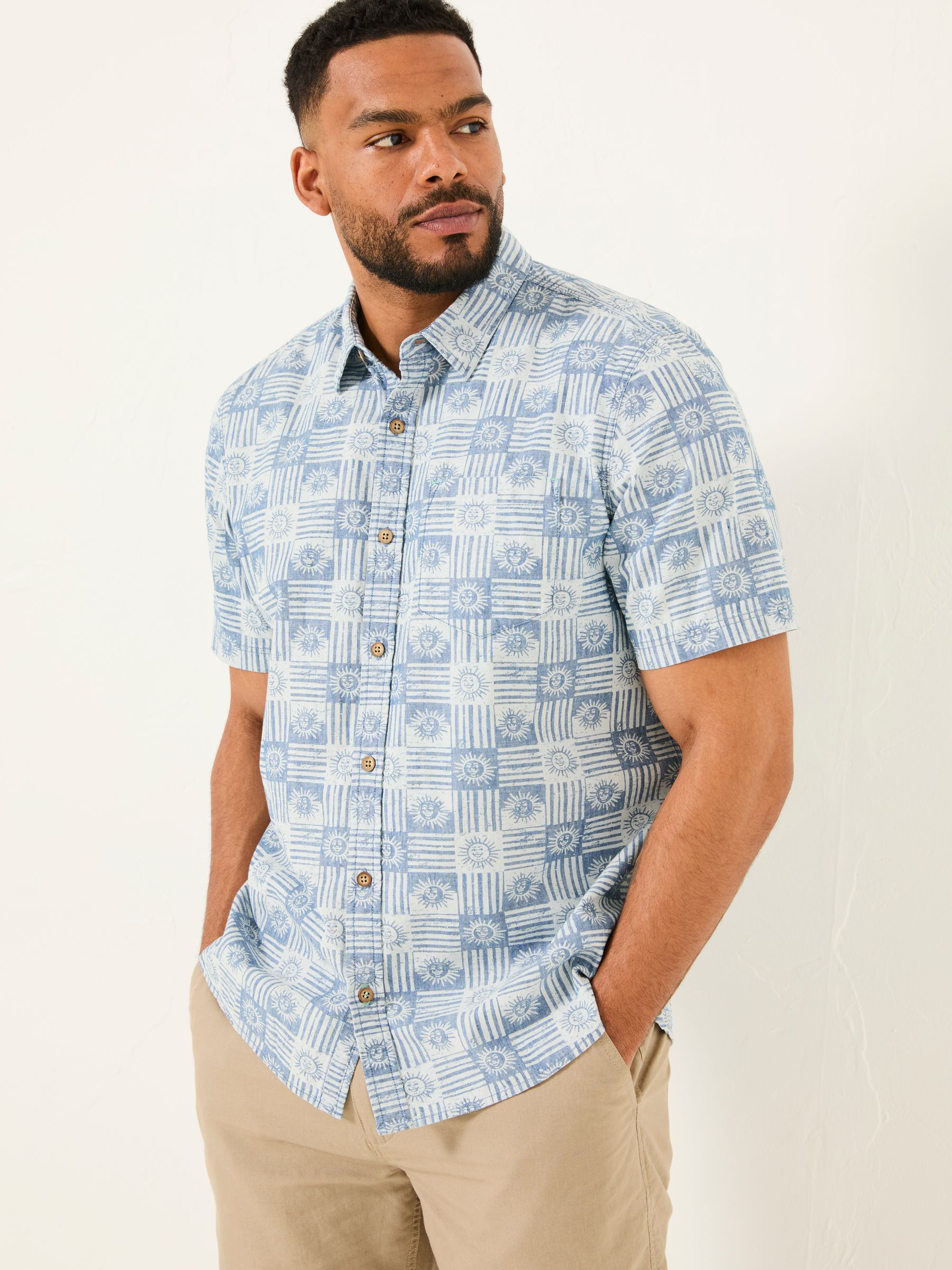 Blue Short Sleeve Sun Print 100% Cotton Shirt - Image 6 of 10