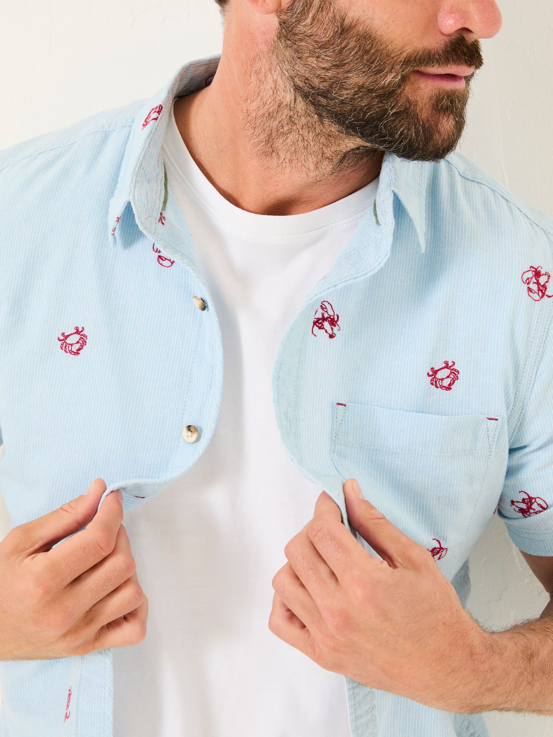 Blue Short Sleeve Crab and Lobster Embroidered Fine Stripe Shirt - Image 4 of 6