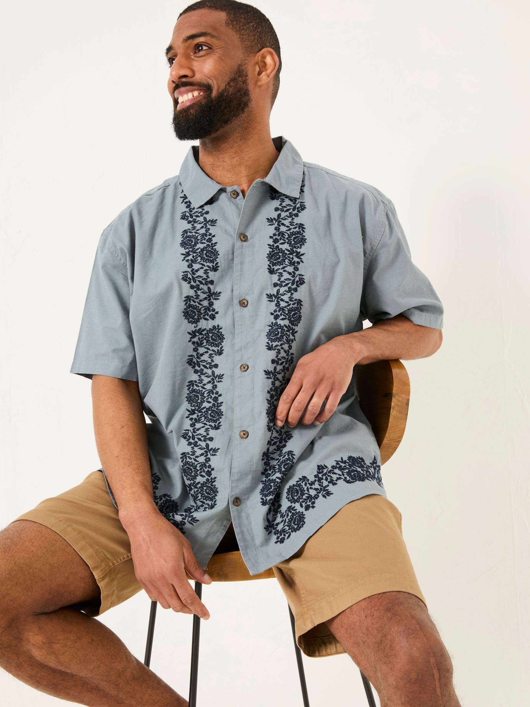 Blue Short Sleeve Embroidered Floral 100% Cotton Shirt - Image 3 of 6