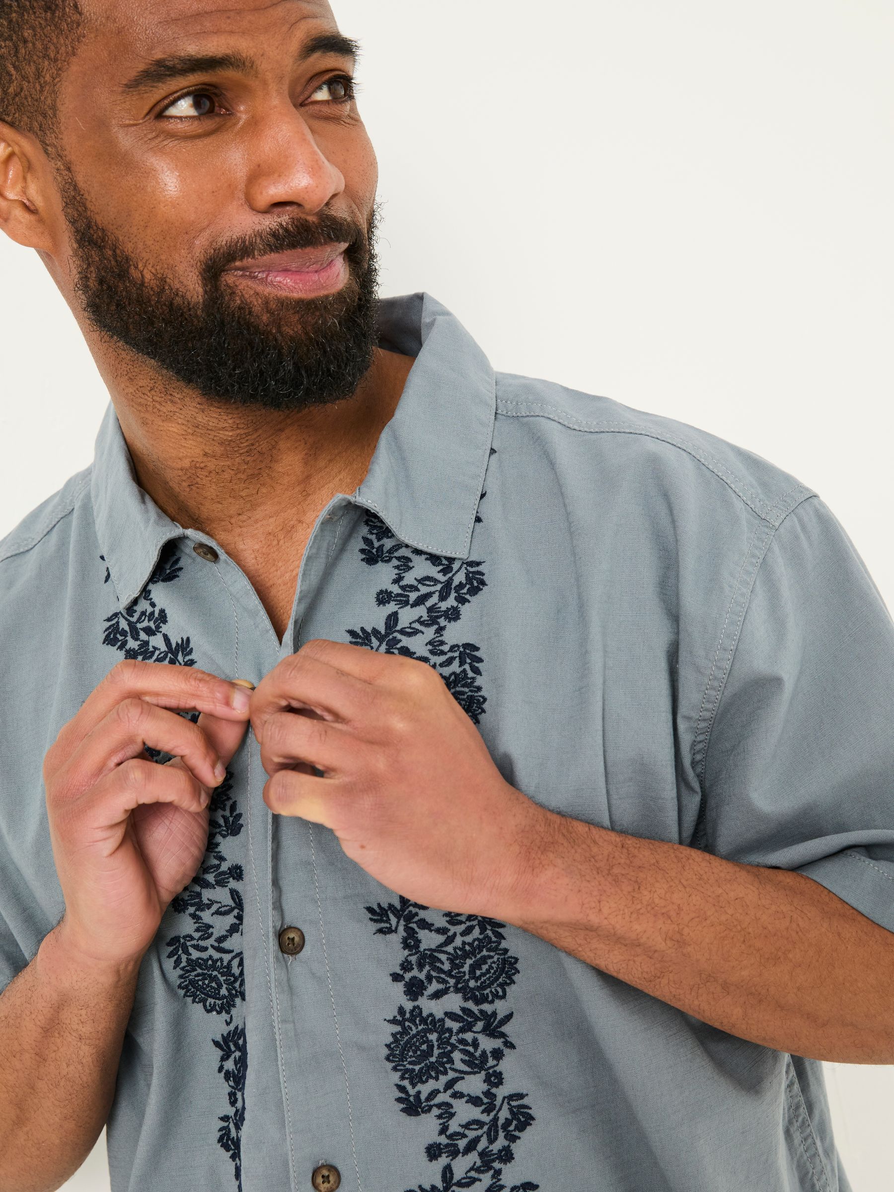 Blue Short Sleeve Embroidered Floral 100% Cotton Shirt - Image 4 of 6