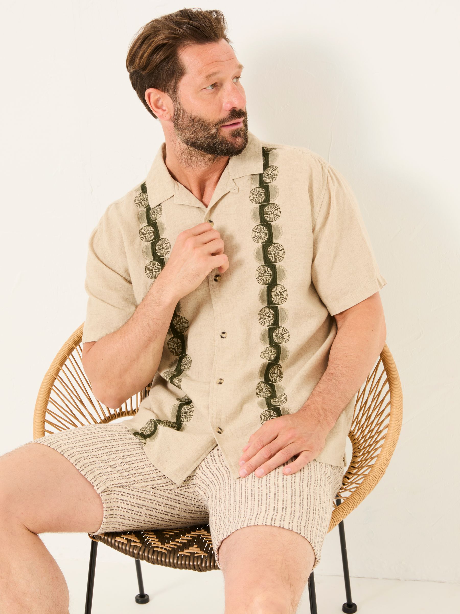Natural Short Sleeve Chest Embroidered Shirt - Image 3 of 9